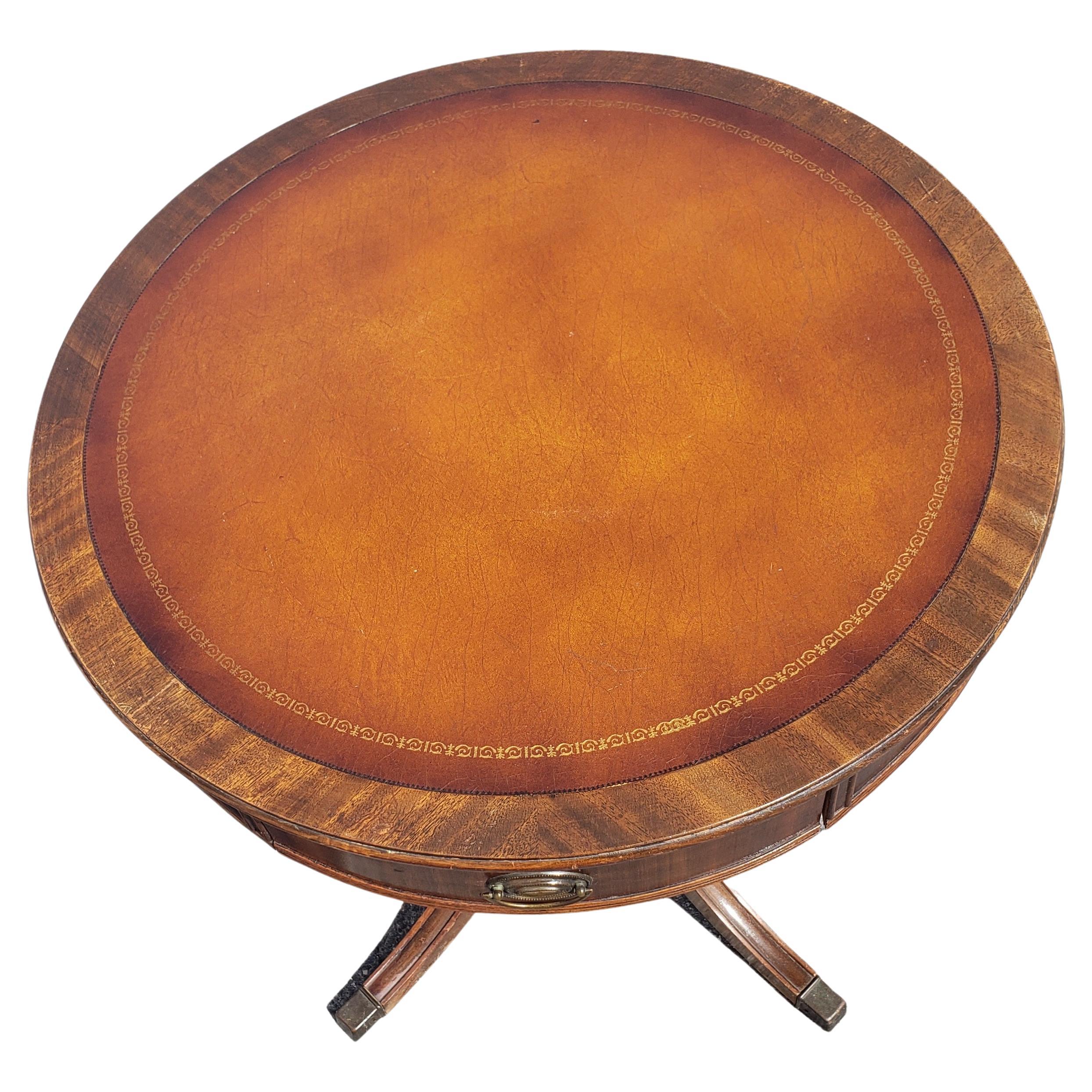 20th Century Vintage Federal Style Stinciled Leather Top Drum Table with Drawer