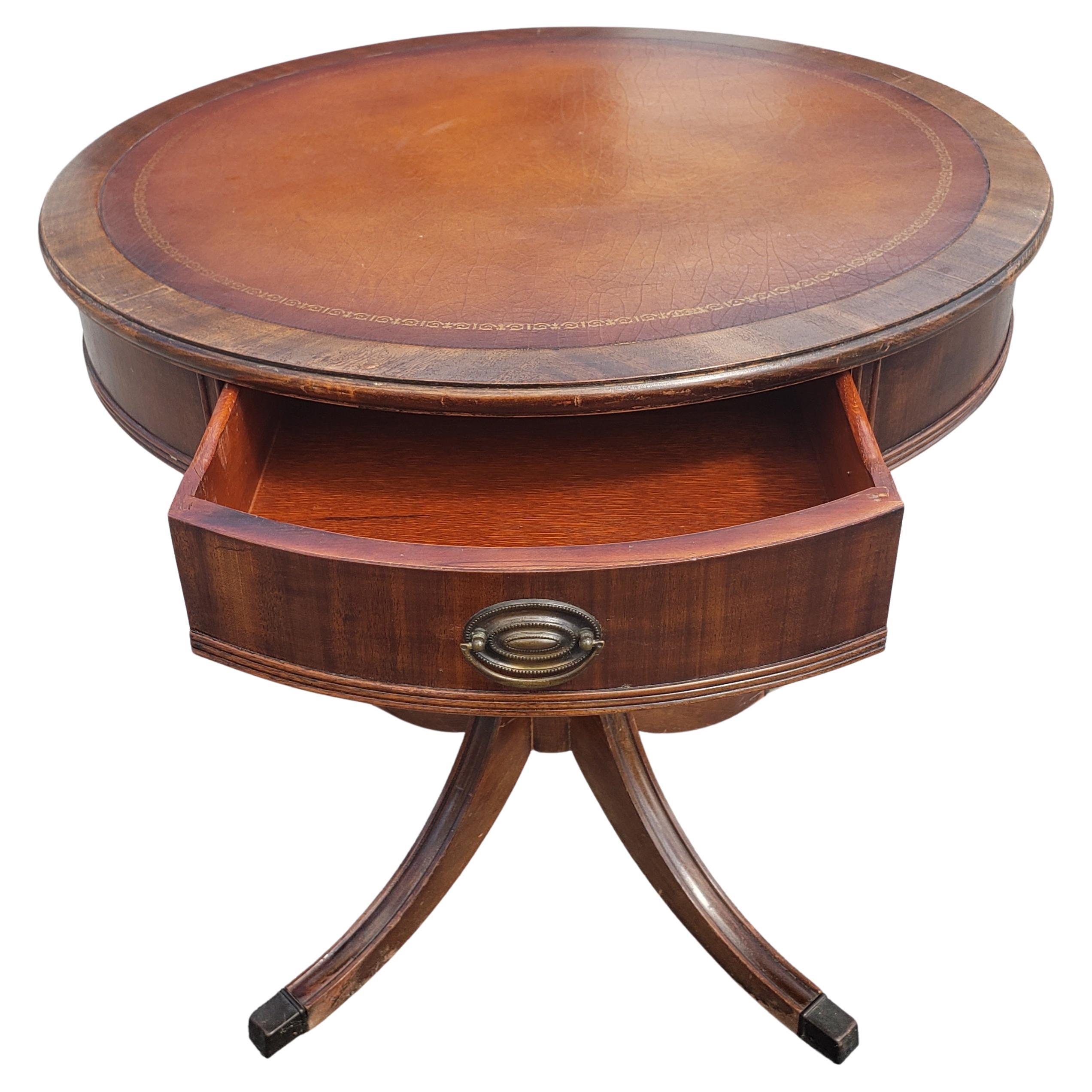 American Vintage Federal Style Stinciled Leather Top Drum Table with Drawer