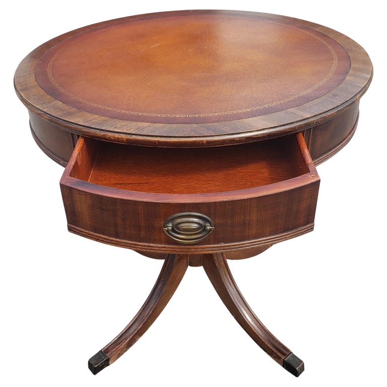 Vintage Federal Style Stinciled Leather Top Drum Table with Drawer at