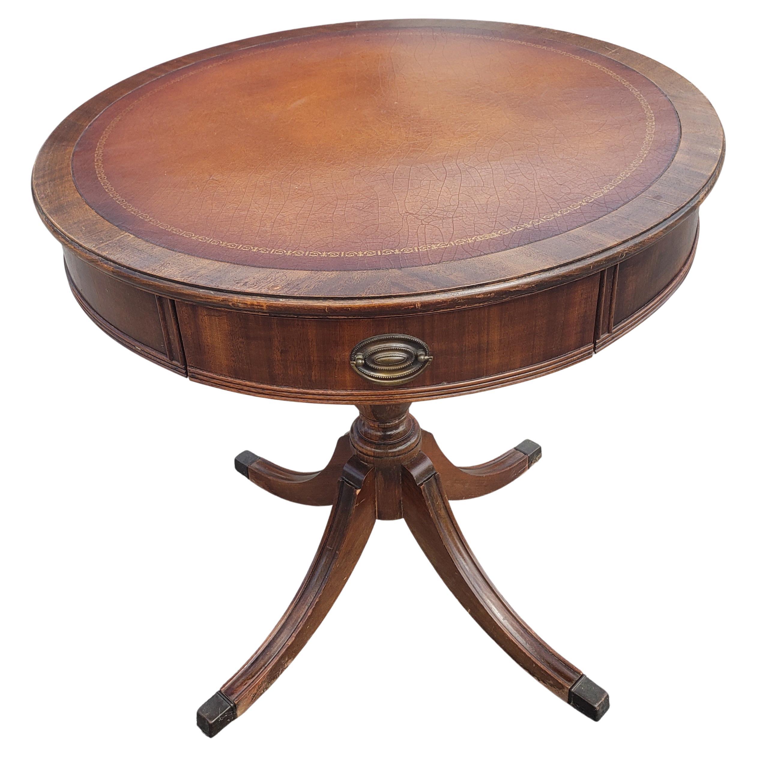 Vintage Federal Style Stinciled Leather Top Drum Table with Drawer 1