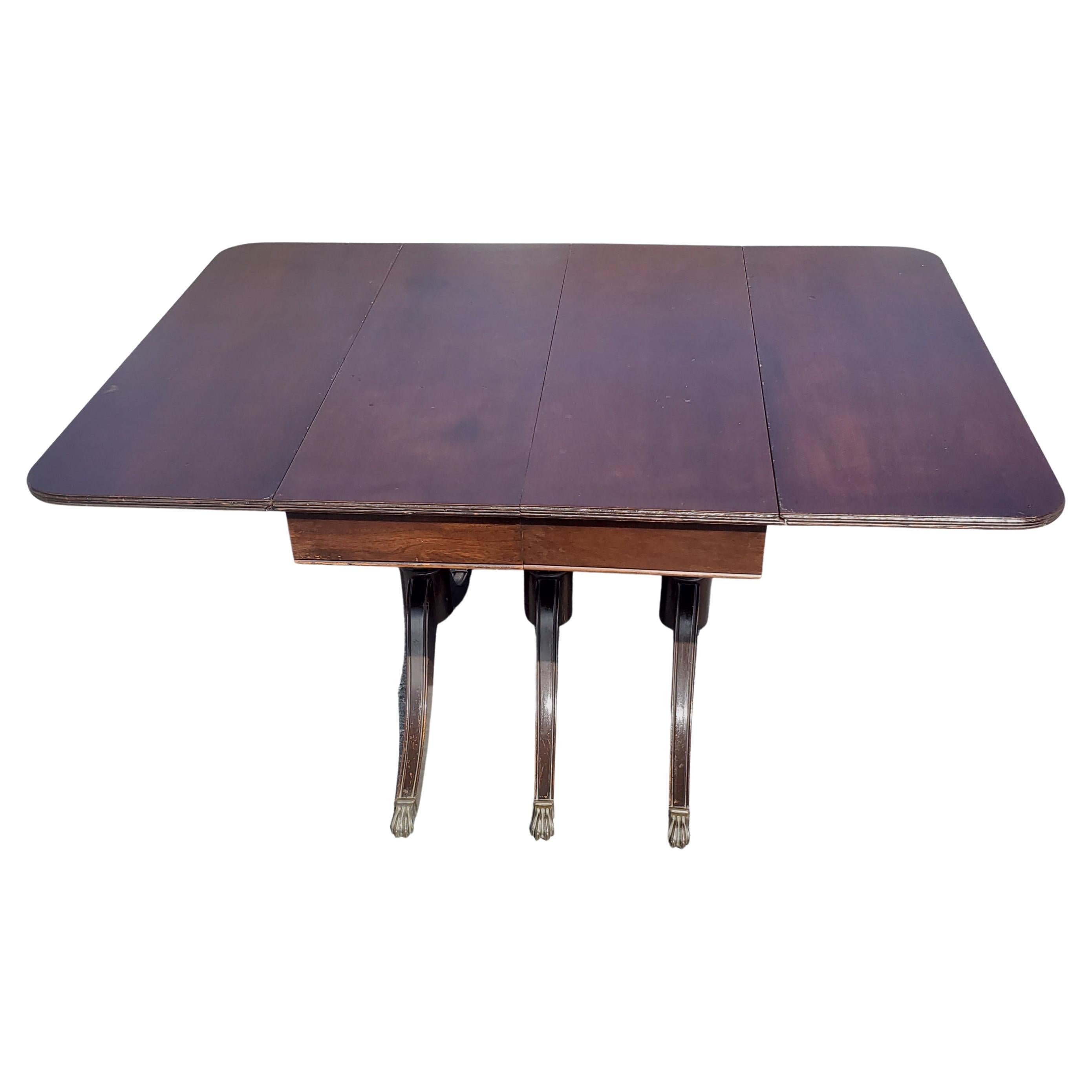 Brass Vintage Federal Style Triple Pedestal Drop-Leaf Dining Table, circa 1940s For Sale