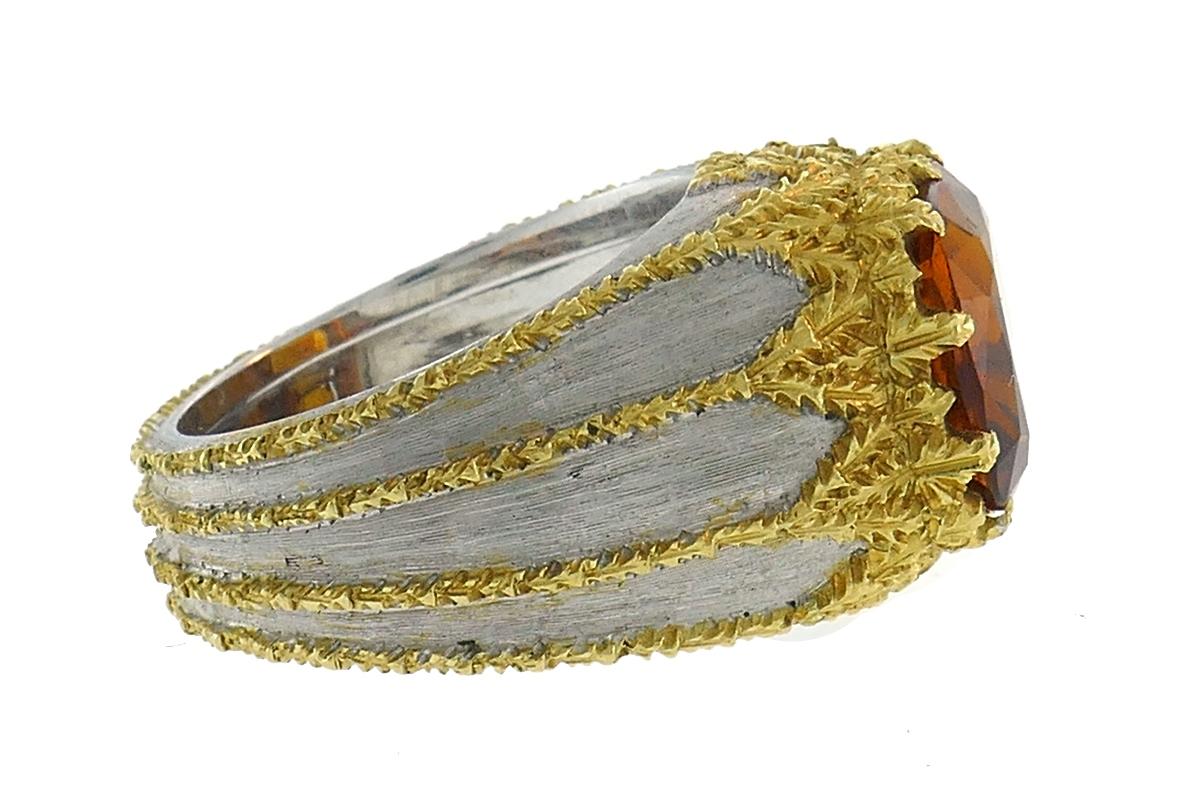 Magnificent cocktail ring created by Federico Buccellati in Italy in the 1980s. 
Features an approximately 4.58-carat cushion cut citrine (10.34 x 10.17x 6.96 mm) tastefully set in white and yellow gold setting. Amazing meticulous filigree on gold! 