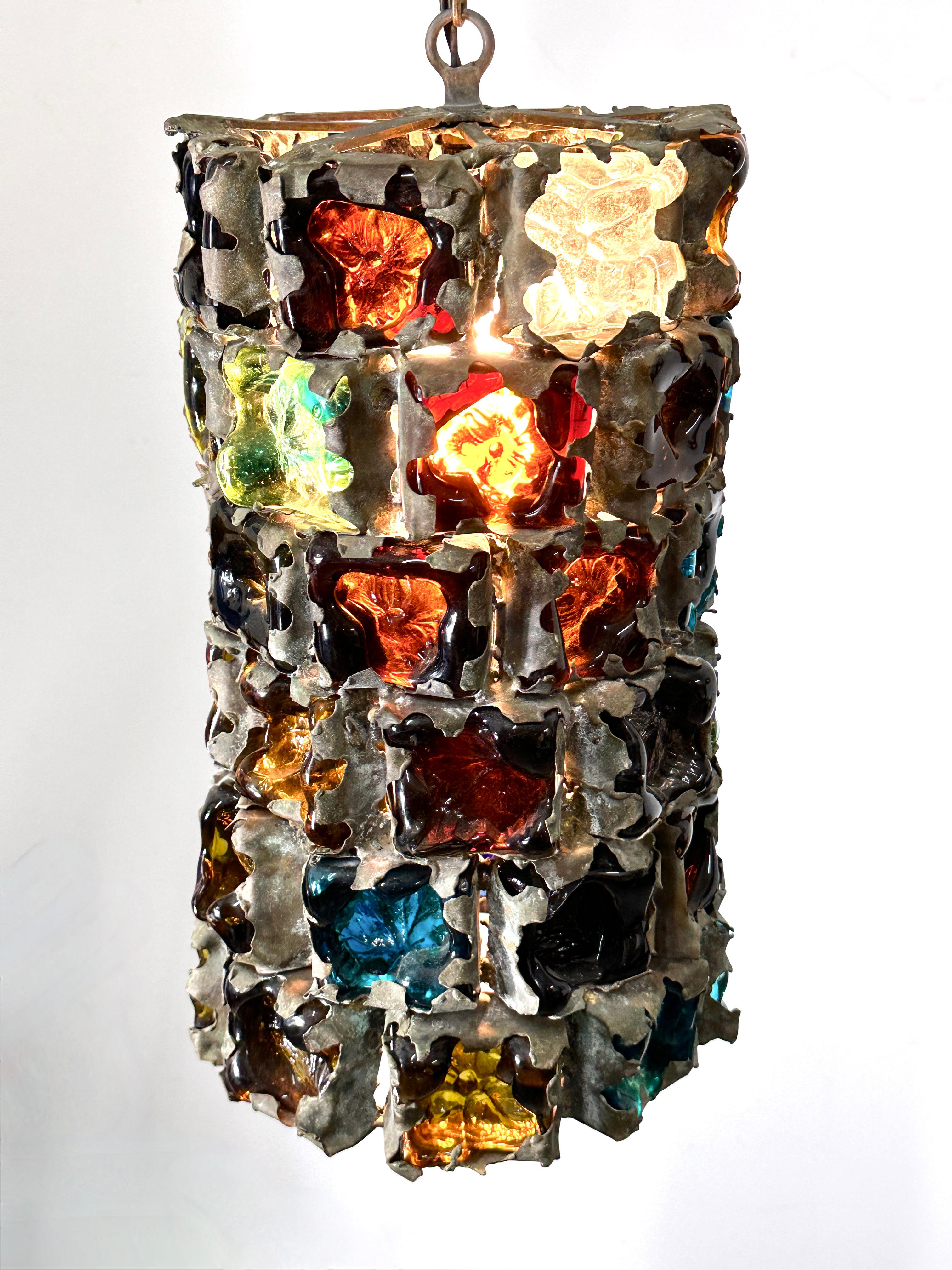 Mexican Vintage Felipe Derflingher for Feders Brutalist Caged Glass Pendant Lamp For Sale