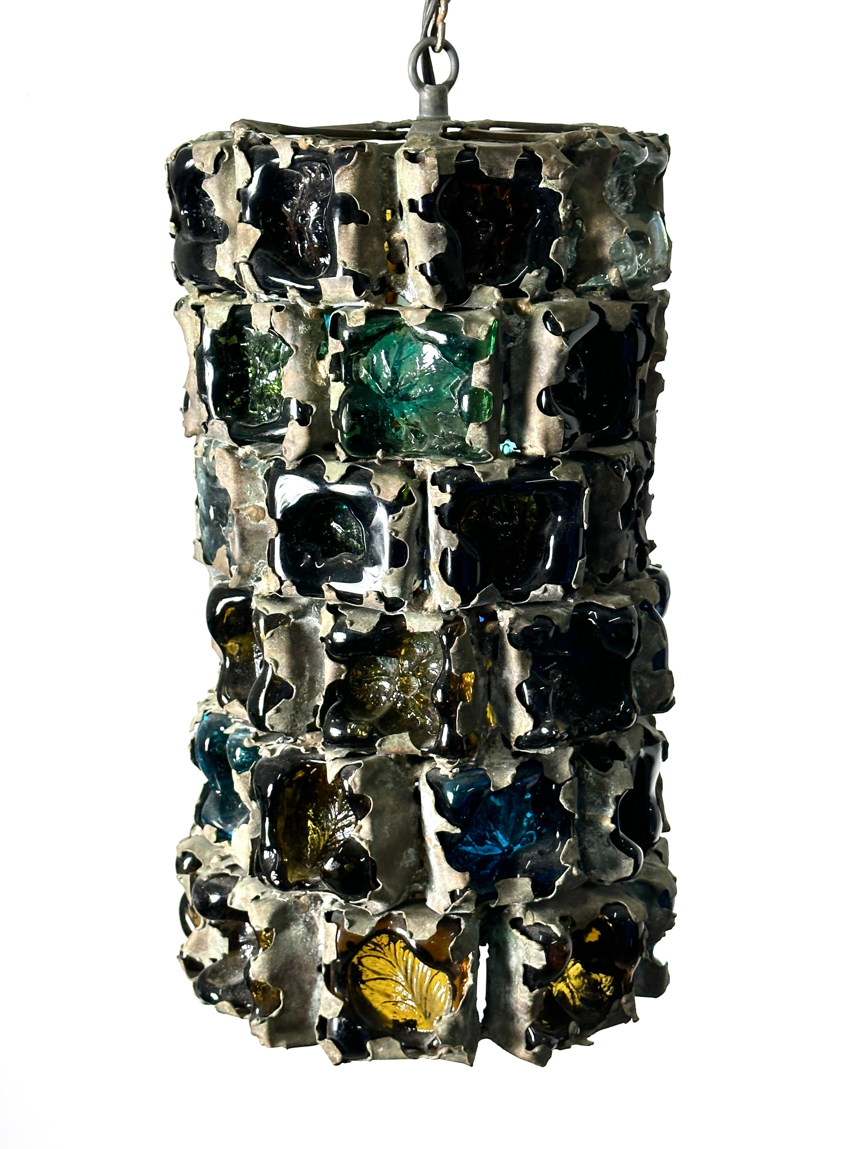 Vintage Felipe Derflingher for Feders Brutalist Caged Glass Pendant Lamp In Good Condition For Sale In Troy, MI