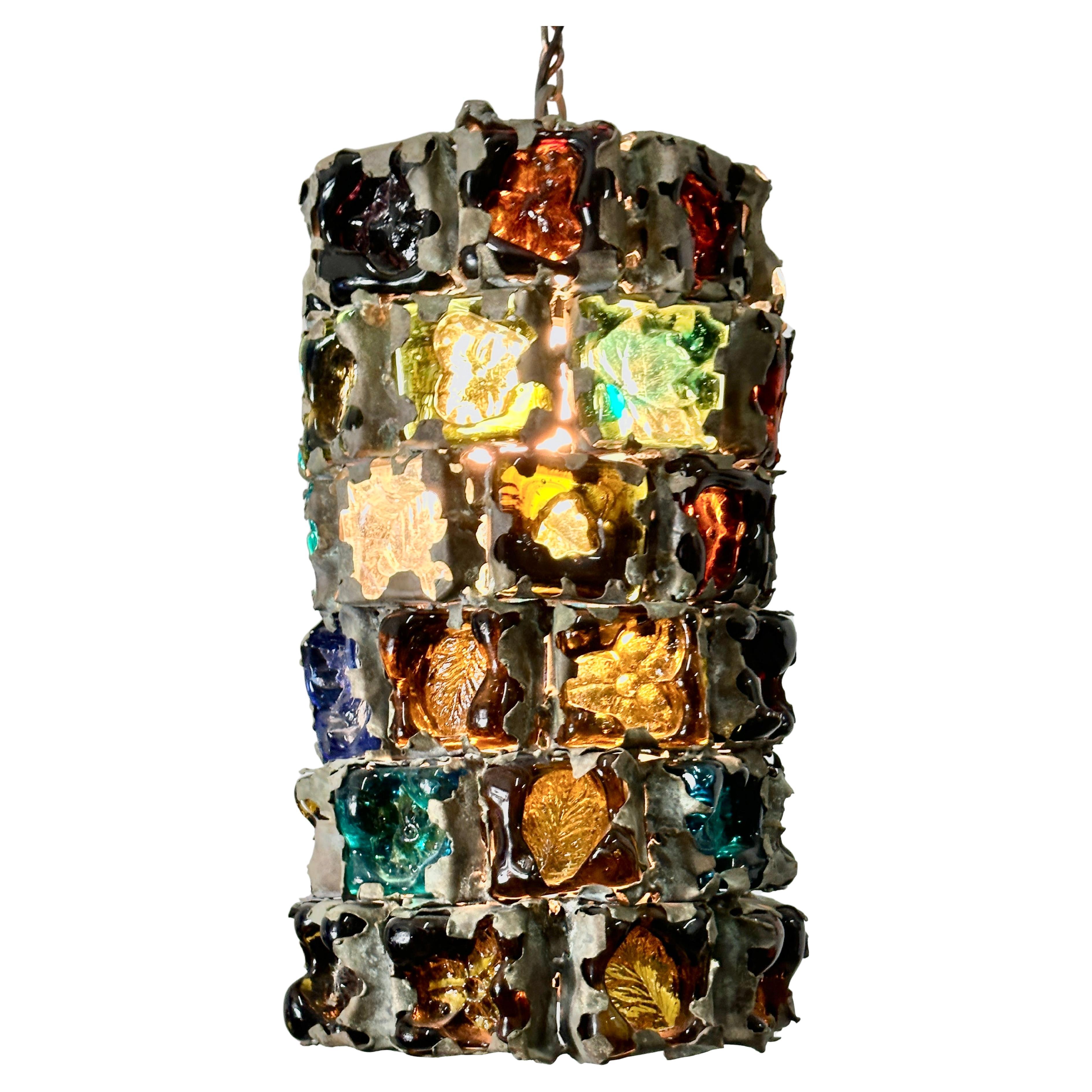 Vintage Felipe Derflingher for Feders Brutalist Caged Glass Pendant Lamp For Sale