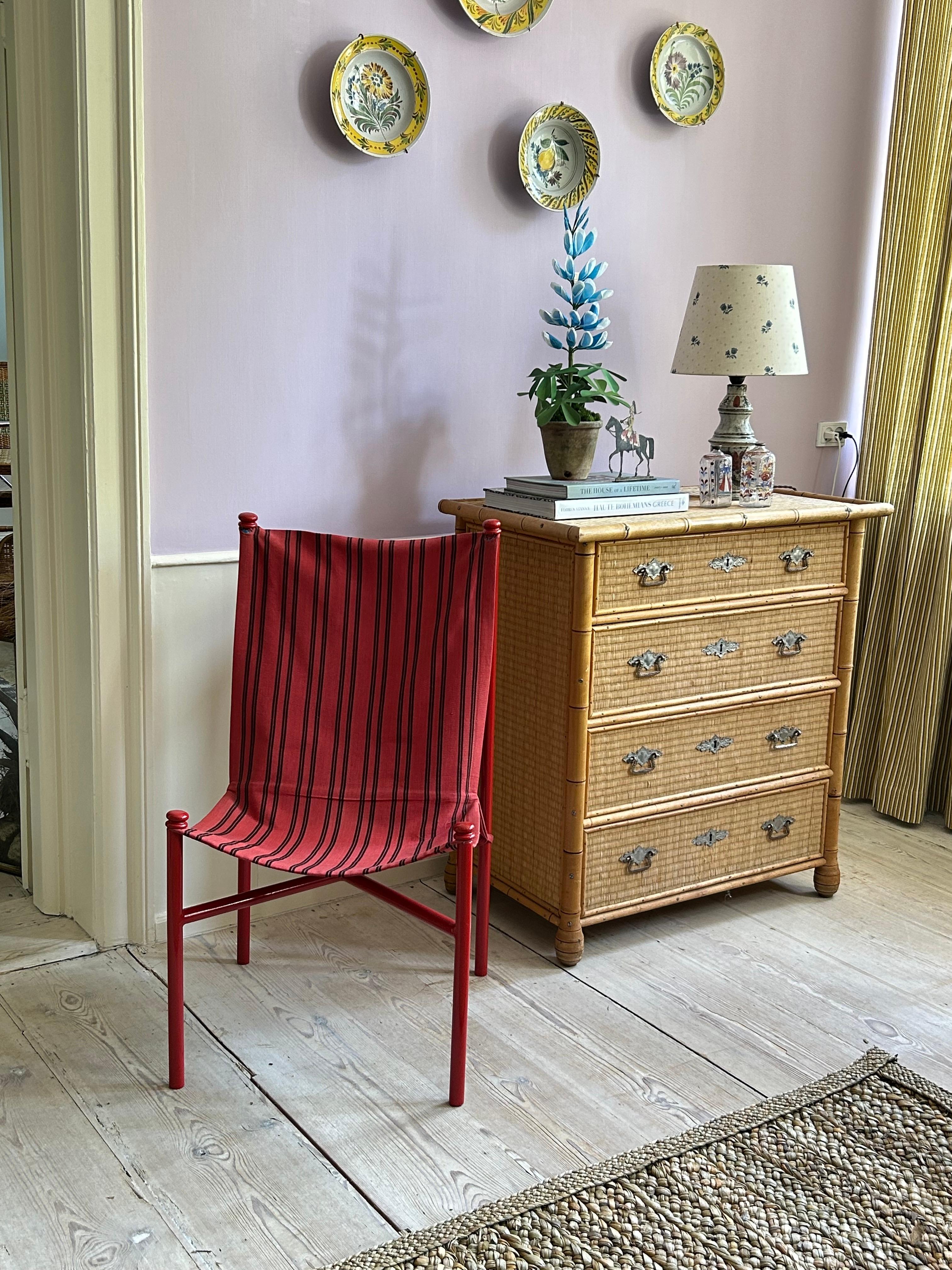 French Vintage Felix Aublet Chair in Red Tubular Steel and Striped Fabric, France, 1935 For Sale