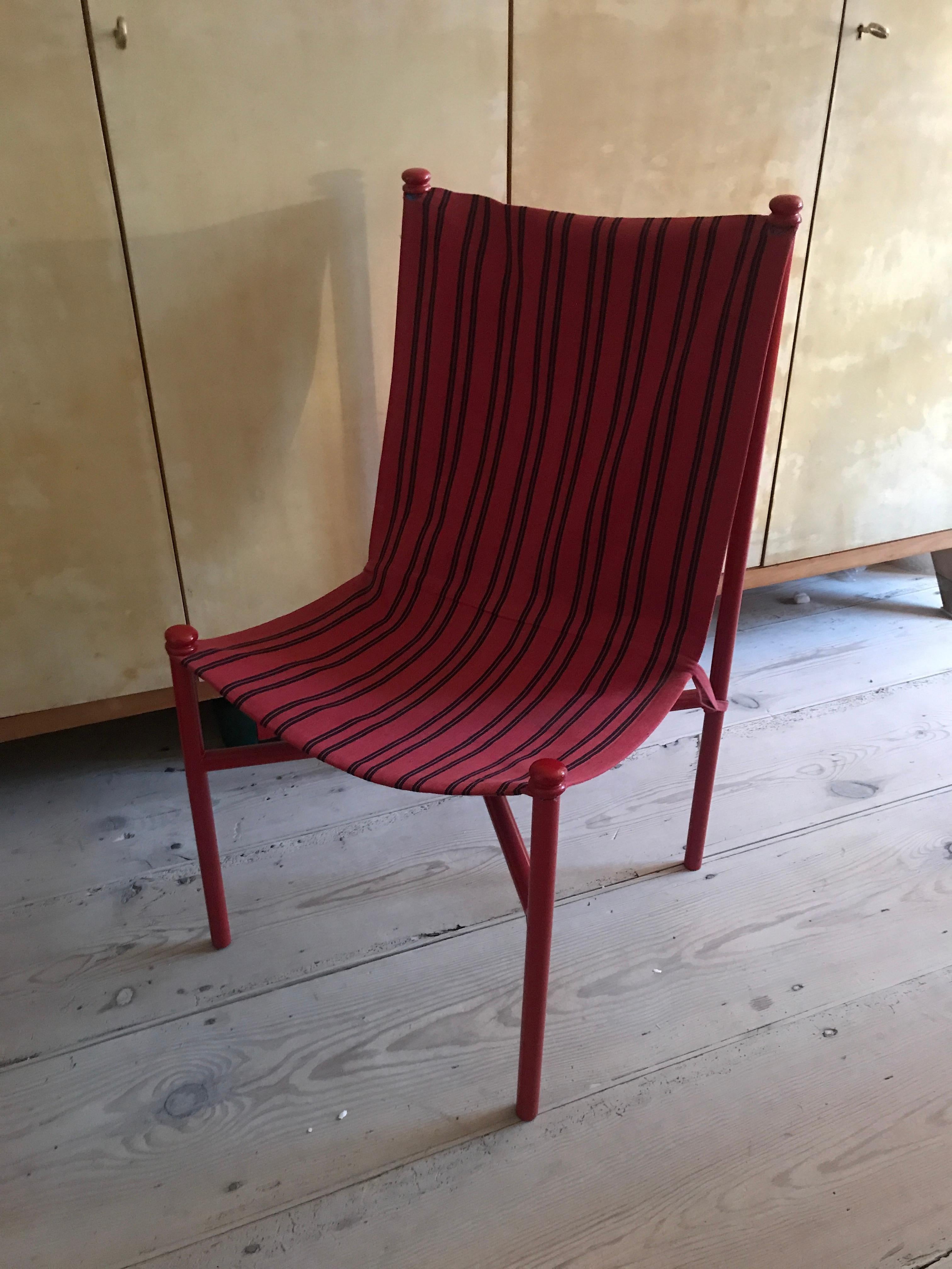 Mid-20th Century Vintage Felix Aublet Chair in Red Tubular Steel and Striped Fabric, France, 1935 For Sale