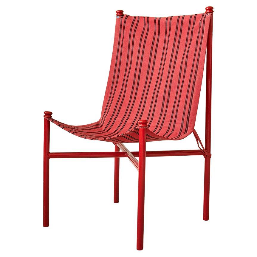 Vintage Felix Aublet Chair in Red Tubular Steel and Striped Fabric, France, 1935 For Sale