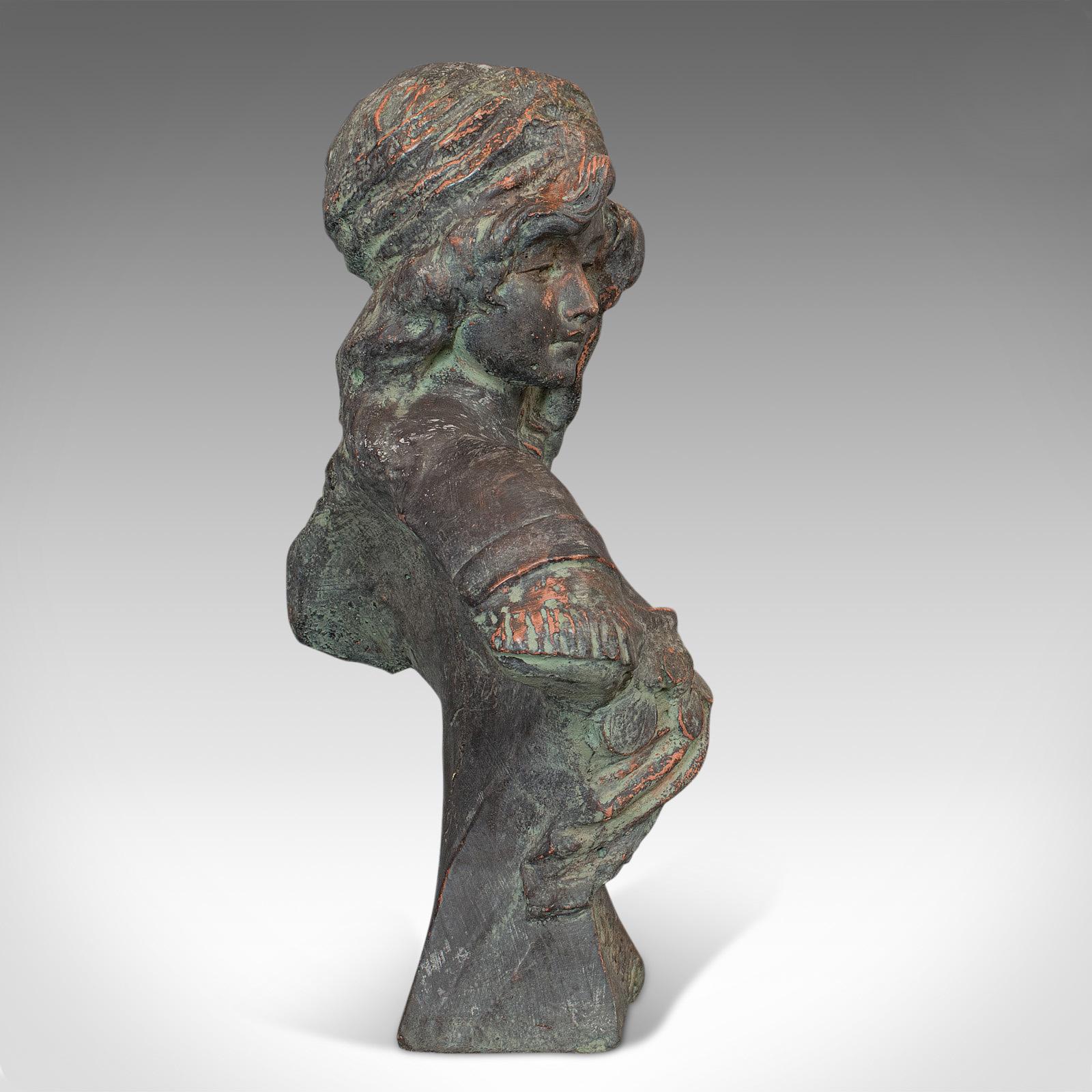 20th Century Vintage Female Bust, French, Bronzed Stone, Portrait, Statue, Art Nouveau Taste