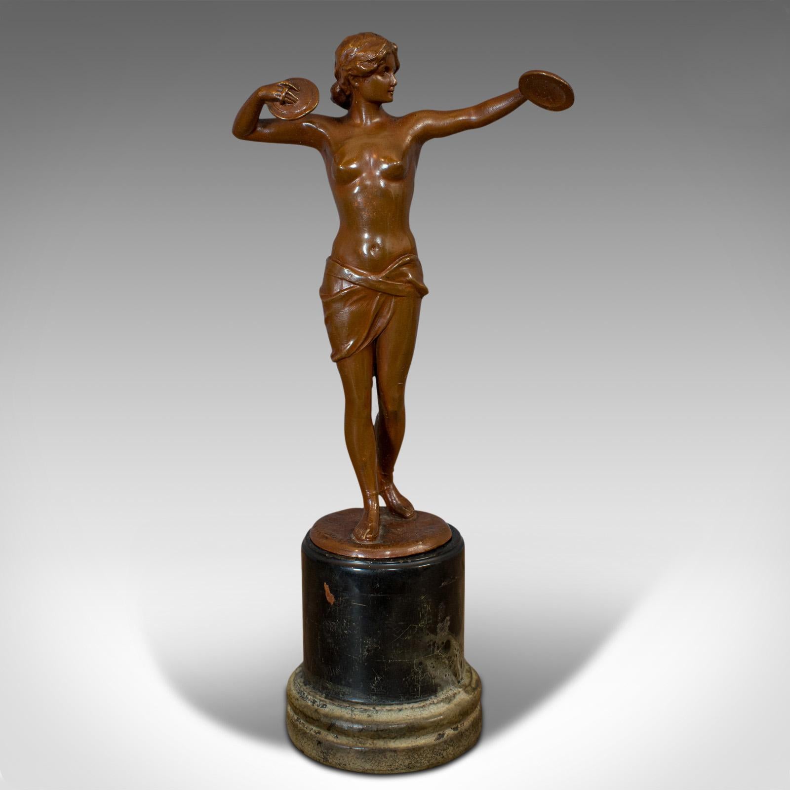 This is a vintage female figure. A French, bronze spelter Art Deco statuette, dating to the early 20th century, circa 1930.

Lithe gymnastic form
Displays a desirable aged patina
Bronze spelter in good order
Rich caramel hues