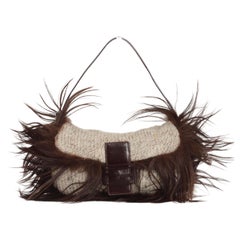 Vintage Fendi A/W 2002 Baguette Bag in Knit Beige Wool and Brown Goat Fur