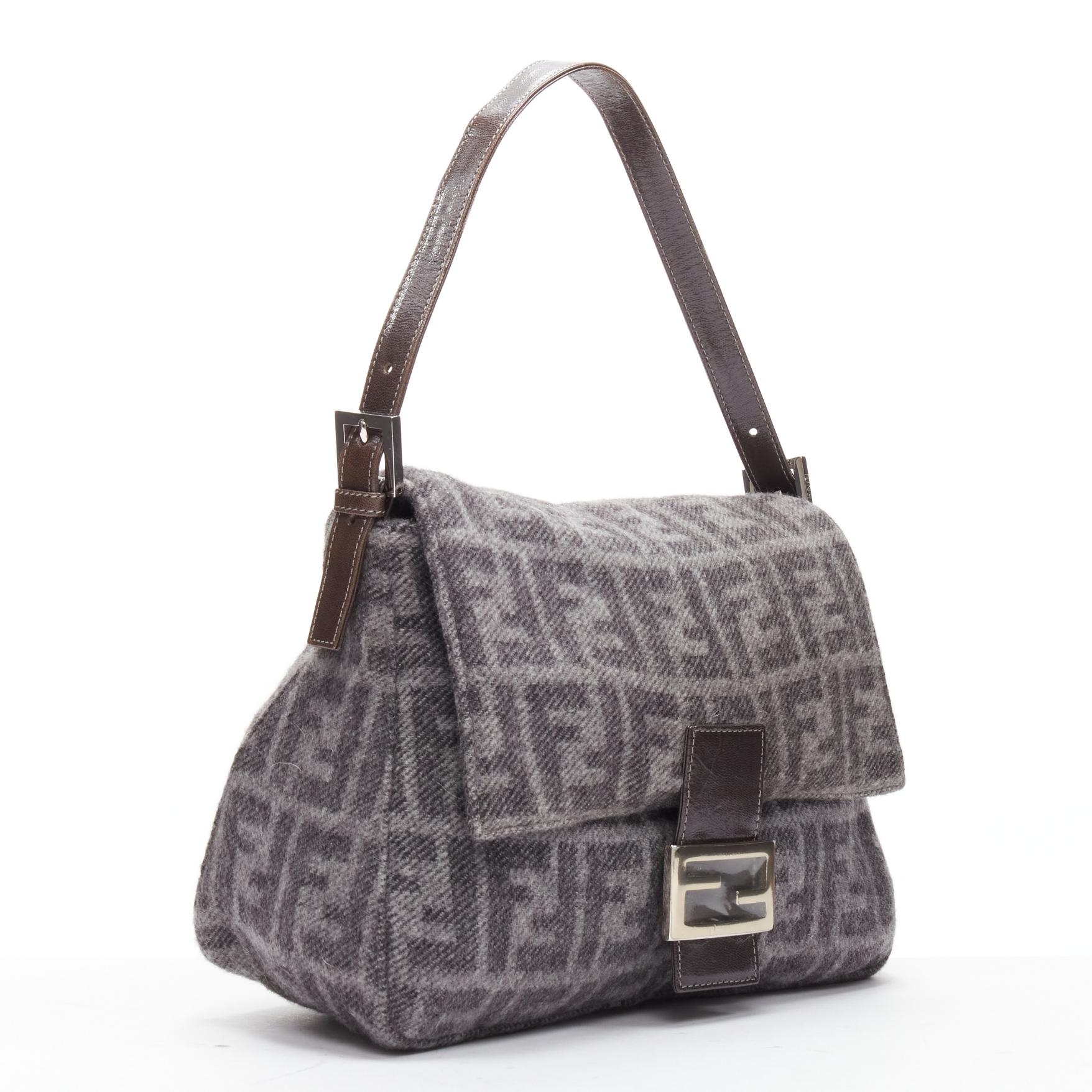 vintage FENDI Baguette FF buckle grey wool logo Zucca monogram underarm flap bag In Good Condition In Hong Kong, NT