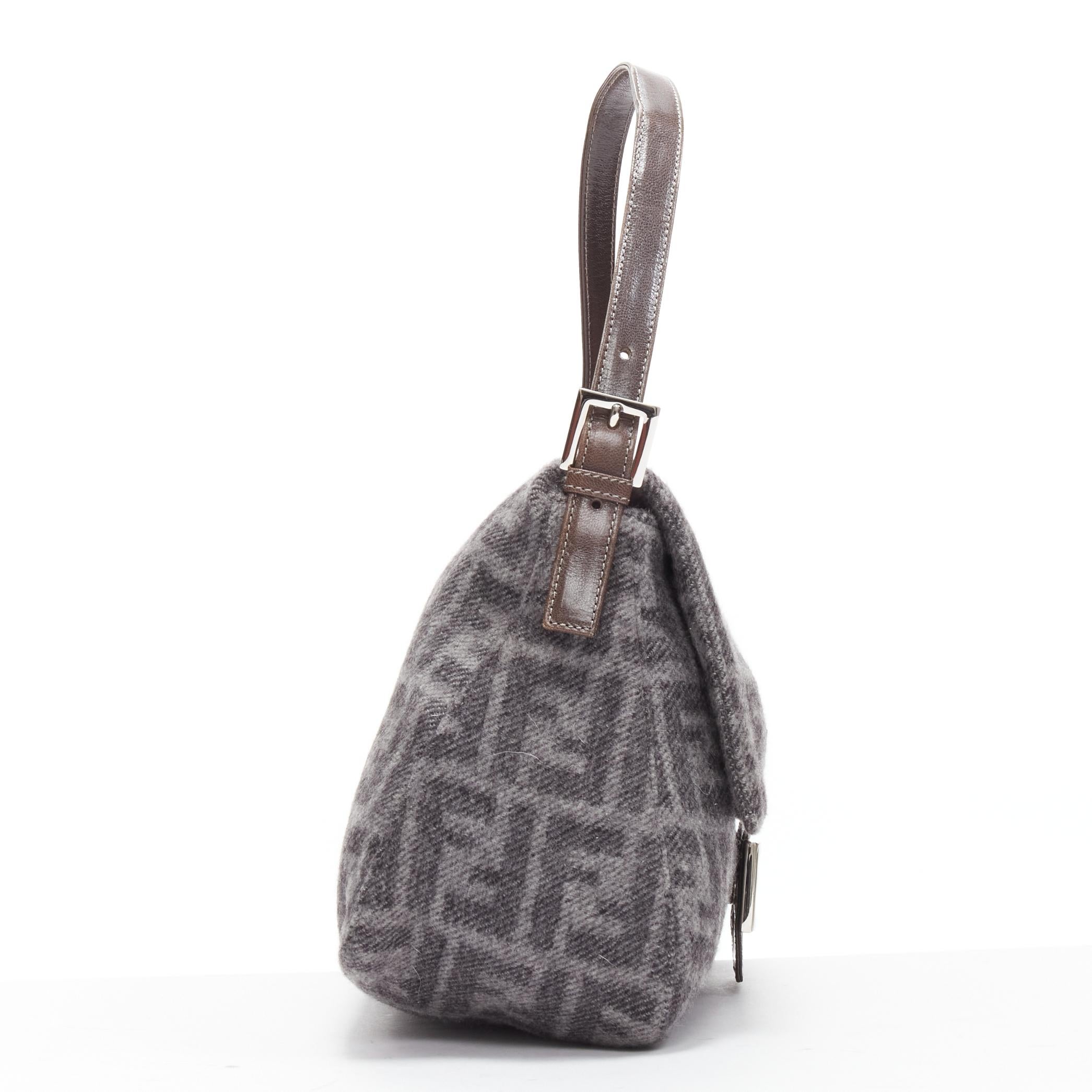 Women's vintage FENDI Baguette FF buckle grey wool logo Zucca monogram underarm flap bag