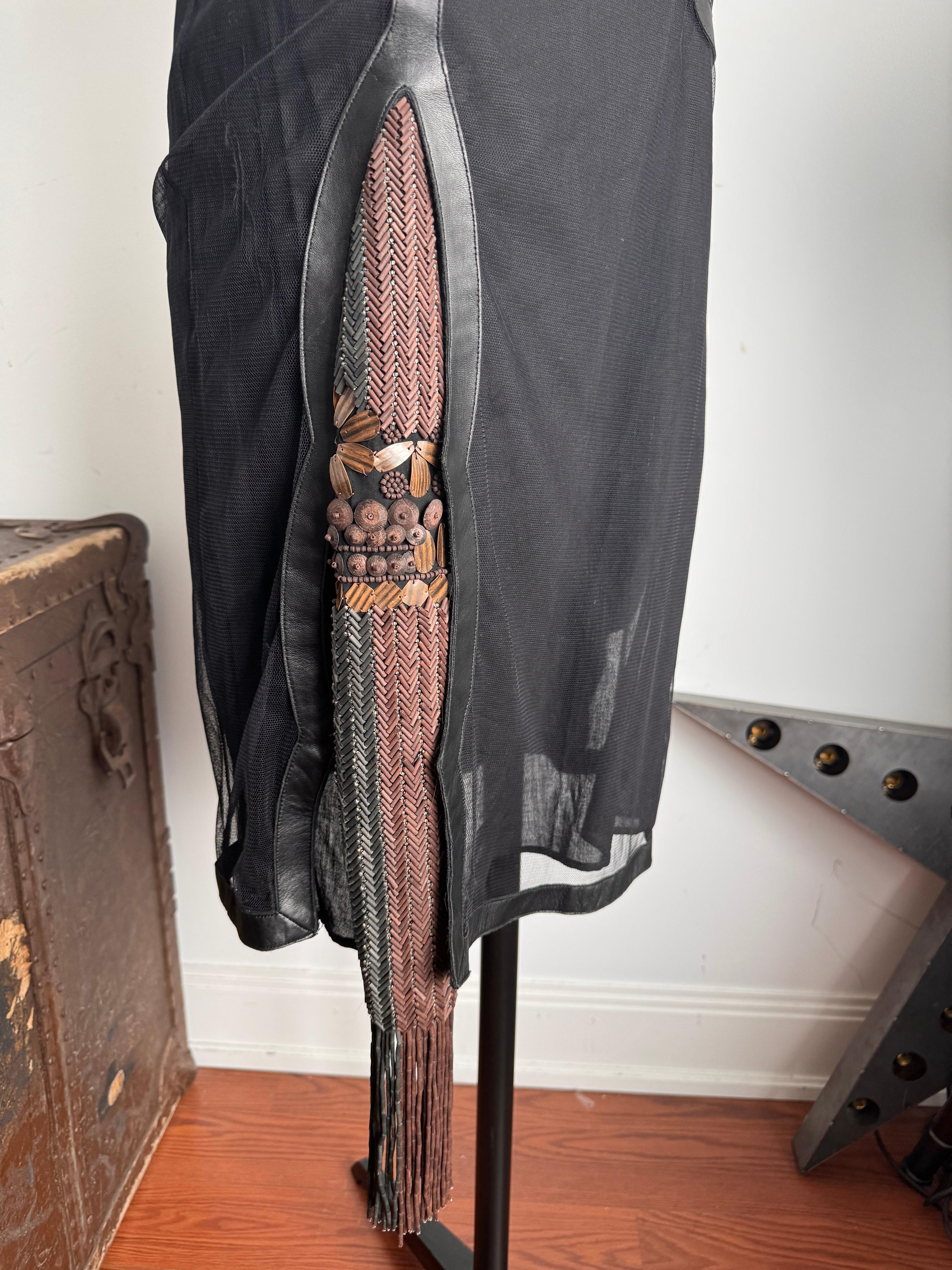 Women's Vintage Fendi Black Mesh Dress with leather trim snd hand beading detail  For Sale