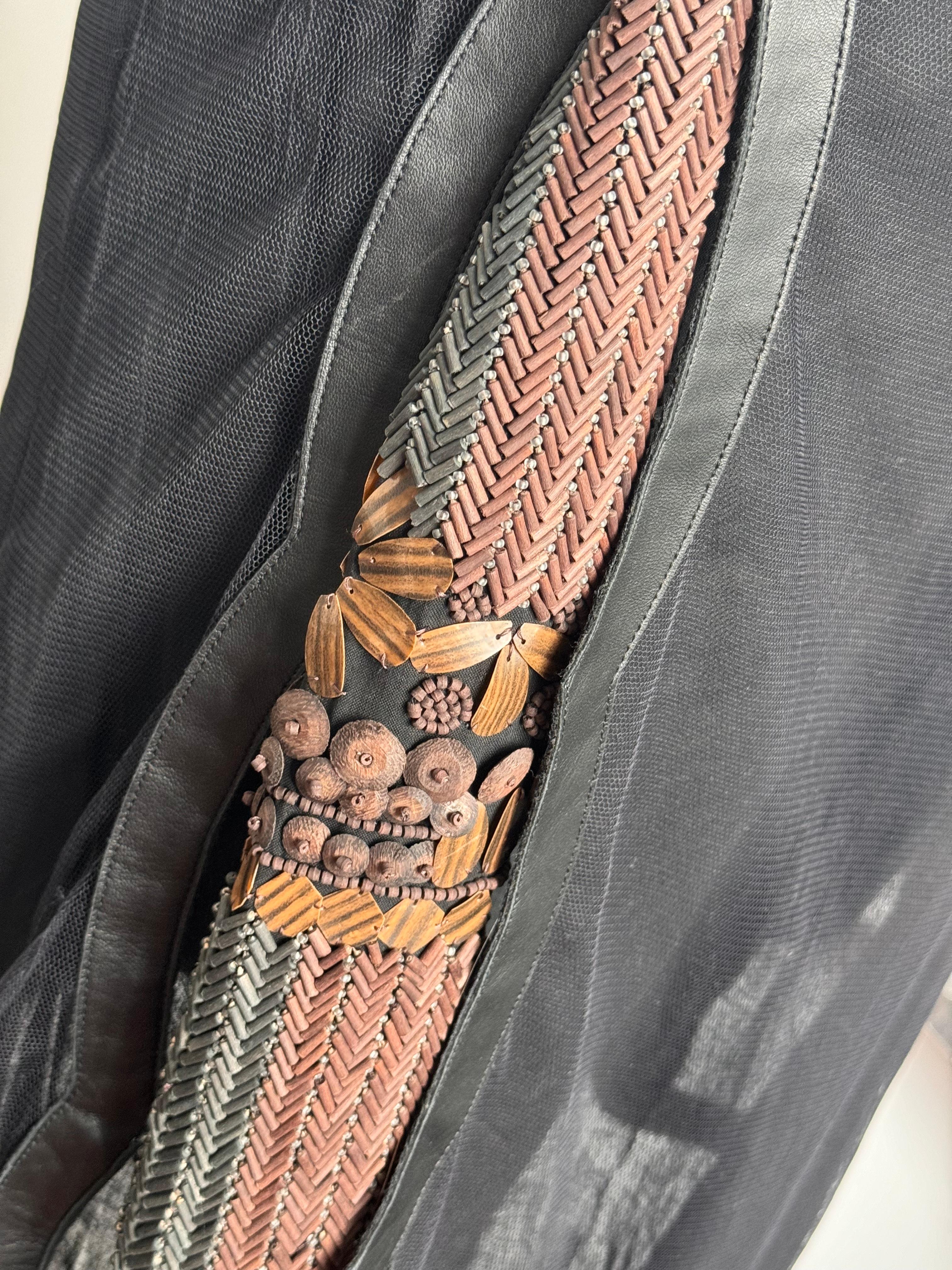 Vintage Fendi Black Mesh Dress with leather trim snd hand beading detail  For Sale 1