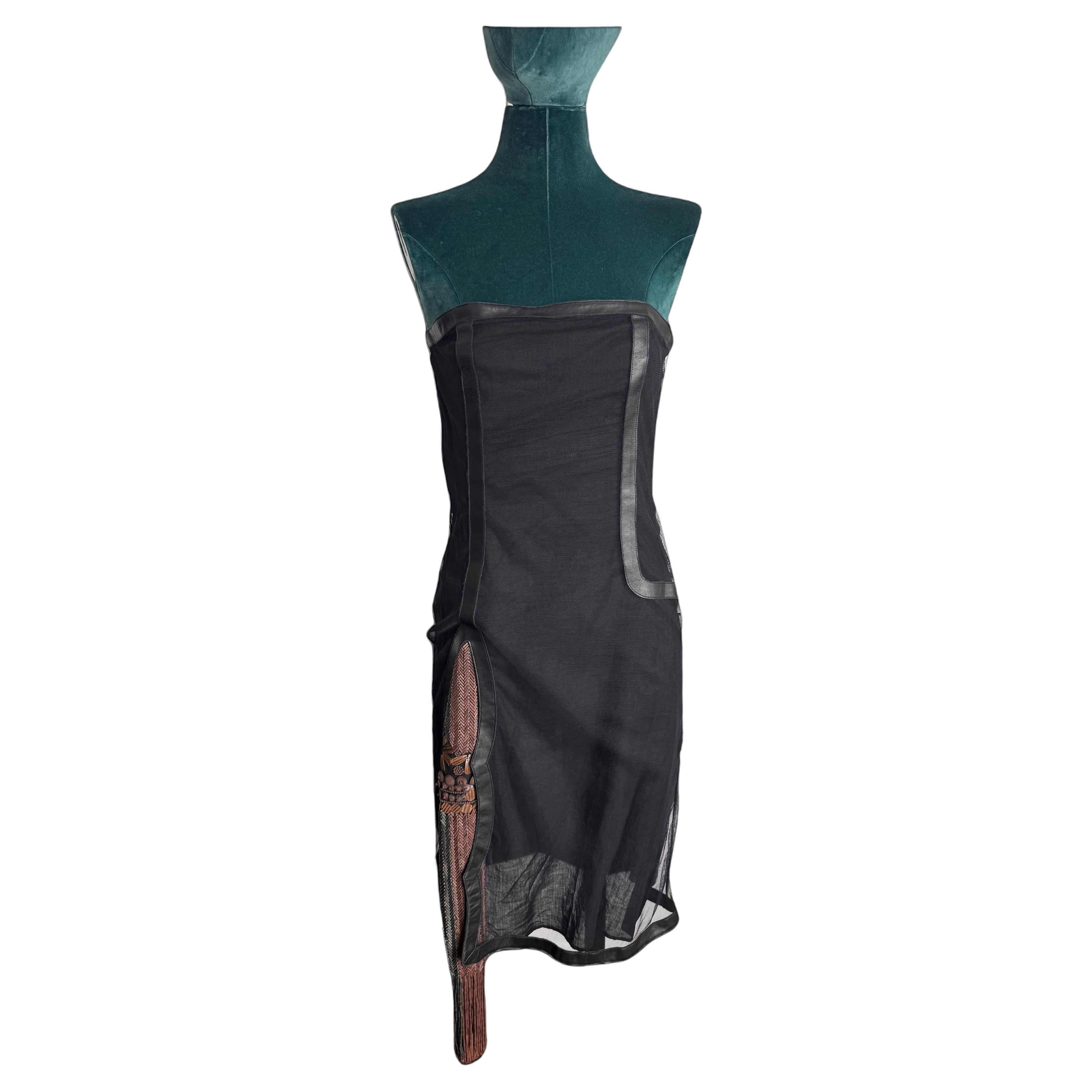 Vintage Fendi Black Mesh Dress with leather trim snd hand beading detail  For Sale