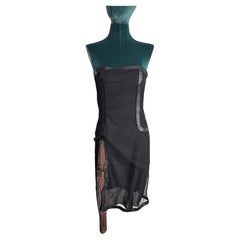 Fendi Schwarzes Mesh-Kleid aus Mesh mit Lederbesatz und handgesticktem Perlendetail, Vintage 