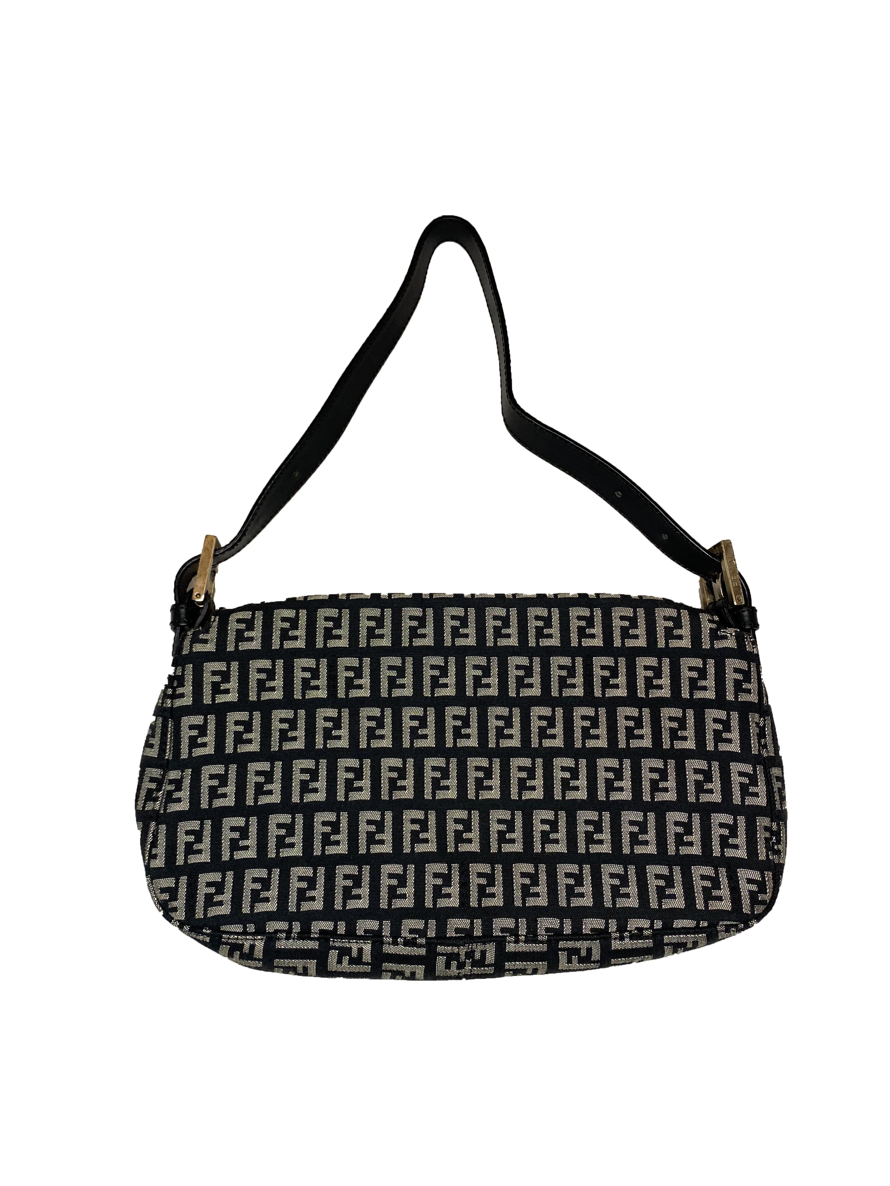 The famous Fendi baguette bag comes in all colours and materials. This one is covered in the signature FF pattern with Fendi logo clasp and leather trims . Carry it by the adjustable strap or on the shoulder, tucked under your arm.

Description: