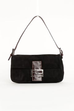 Vintage Fendi Black Suede Baguette Bag w/ Brown Leather Strap Silver Hardware