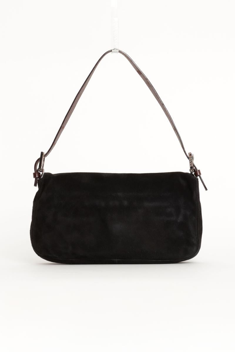Vintage Fendi Black Suede Baguette Bag w/ Brown Leather Strap Silver Hardware im Zustand „Gut“ im Angebot in London, GB