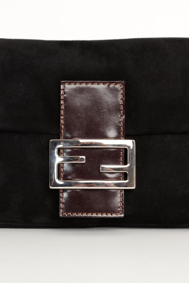 Vintage Fendi Black Suede Baguette Bag w/ Brown Leather Strap Silver Hardware für Damen oder Herren im Angebot