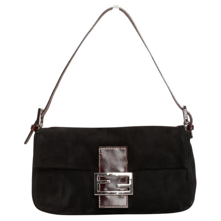 Vintage Fendi Black Suede Baguette Bag w/ Brown Leather Strap Silver Hardware