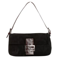 Vintage Fendi Black Suede Baguette Bag w/ Brown Leather Strap Silver Hardware
