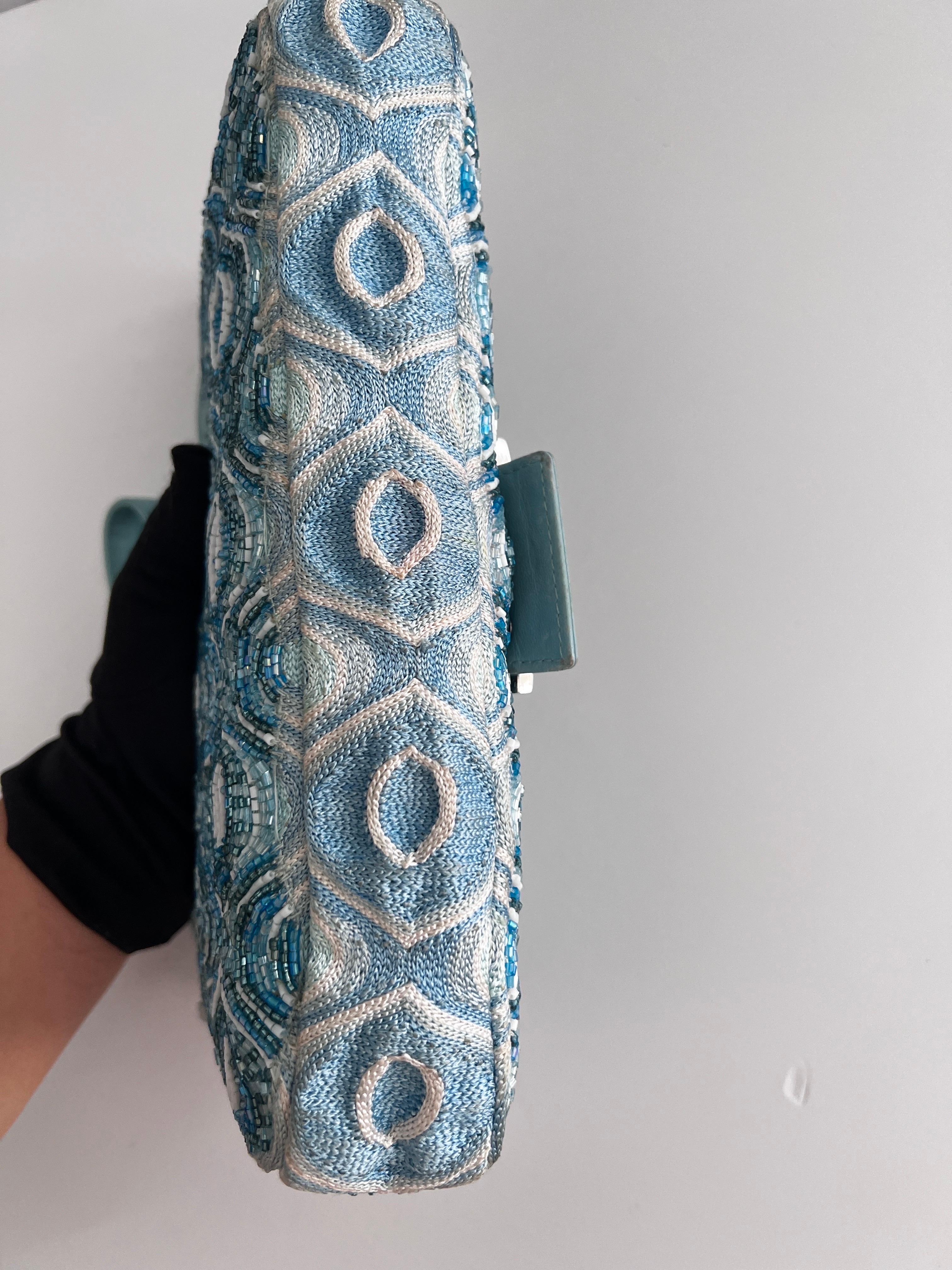 Vintage Fendi Blue wave pattern beaded baguette In Good Condition In Aurora, IL