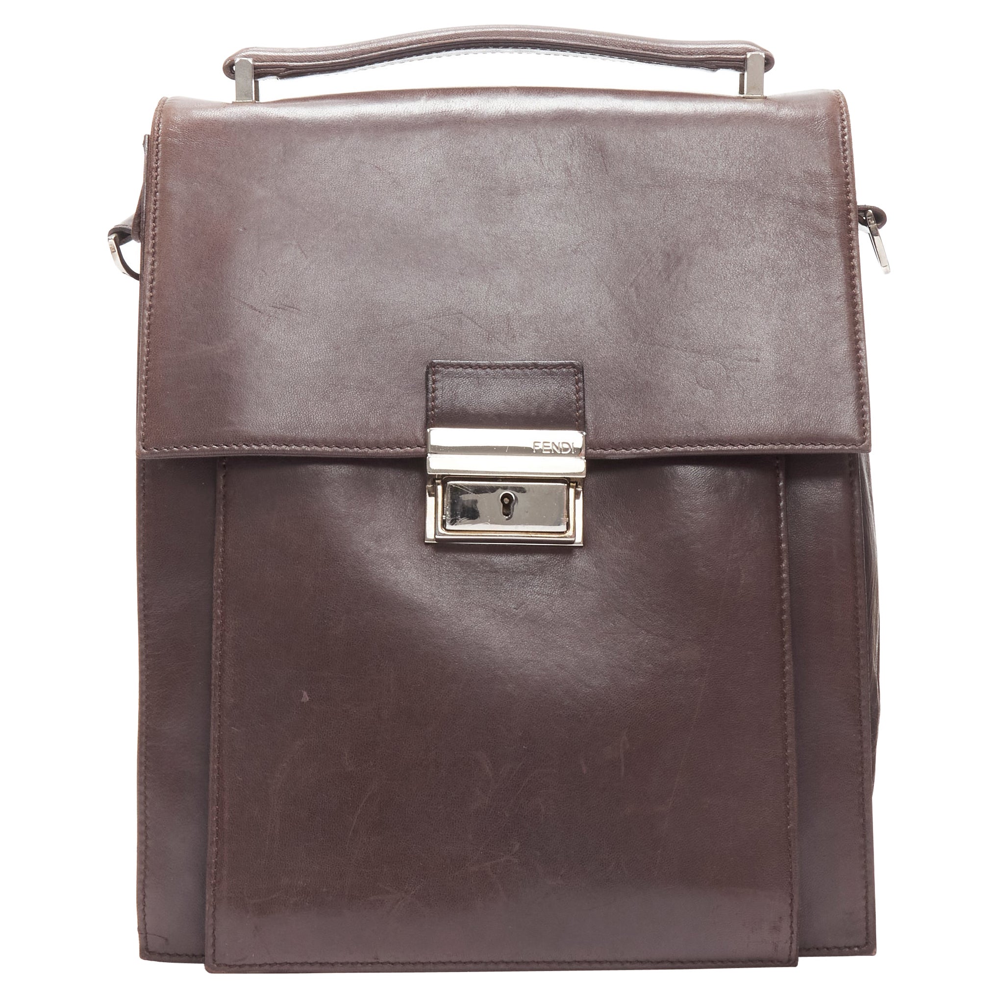 vintage FENDI brown buckle flap multi pocket top handle satchenl bag