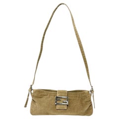 Vintage Fendi Borsa a tracolla Baguette con zip in velluto a coste marrone