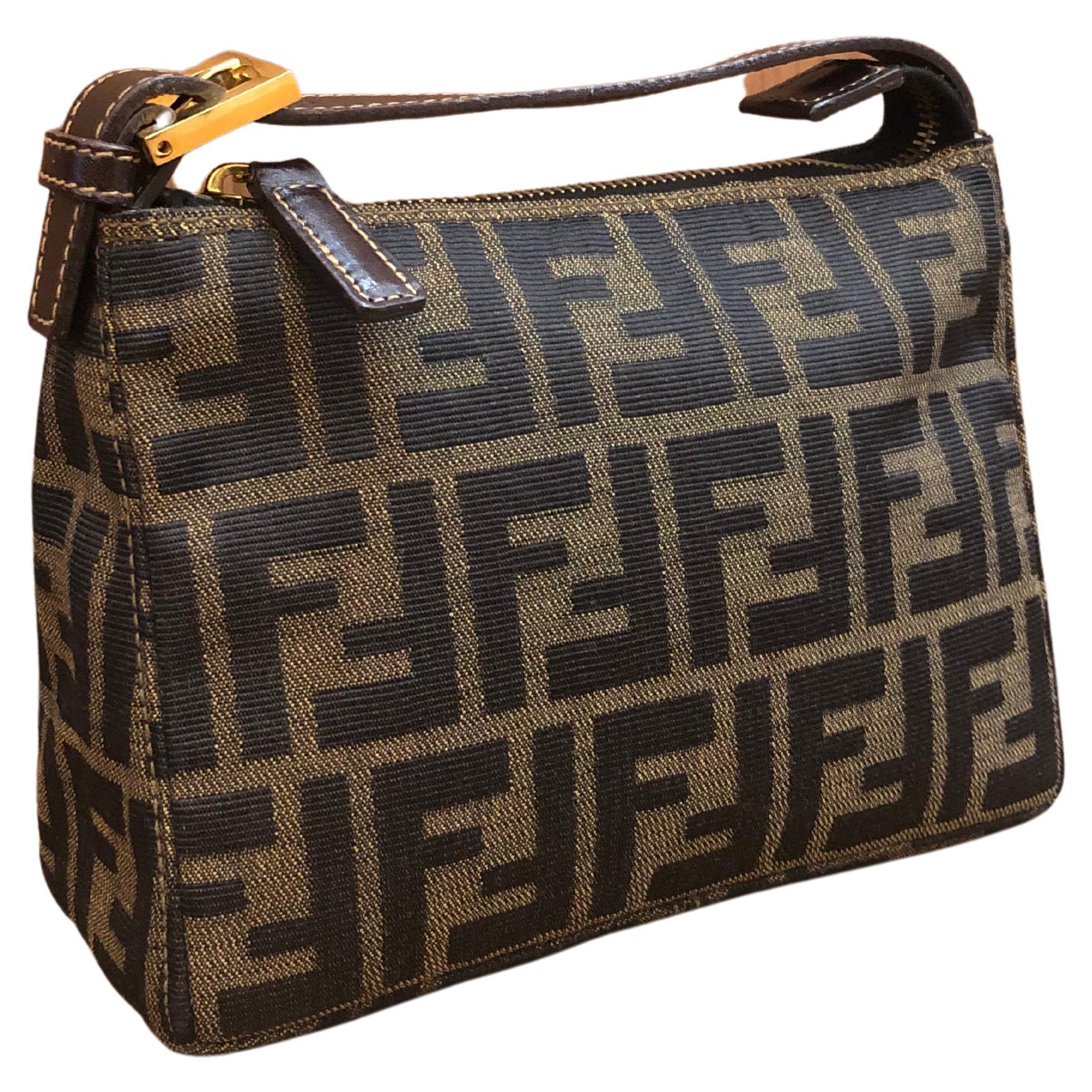 Vintage FENDI Brown Zucca Jacquard Mini Pouch Bag Handbag Gold HW For Sale