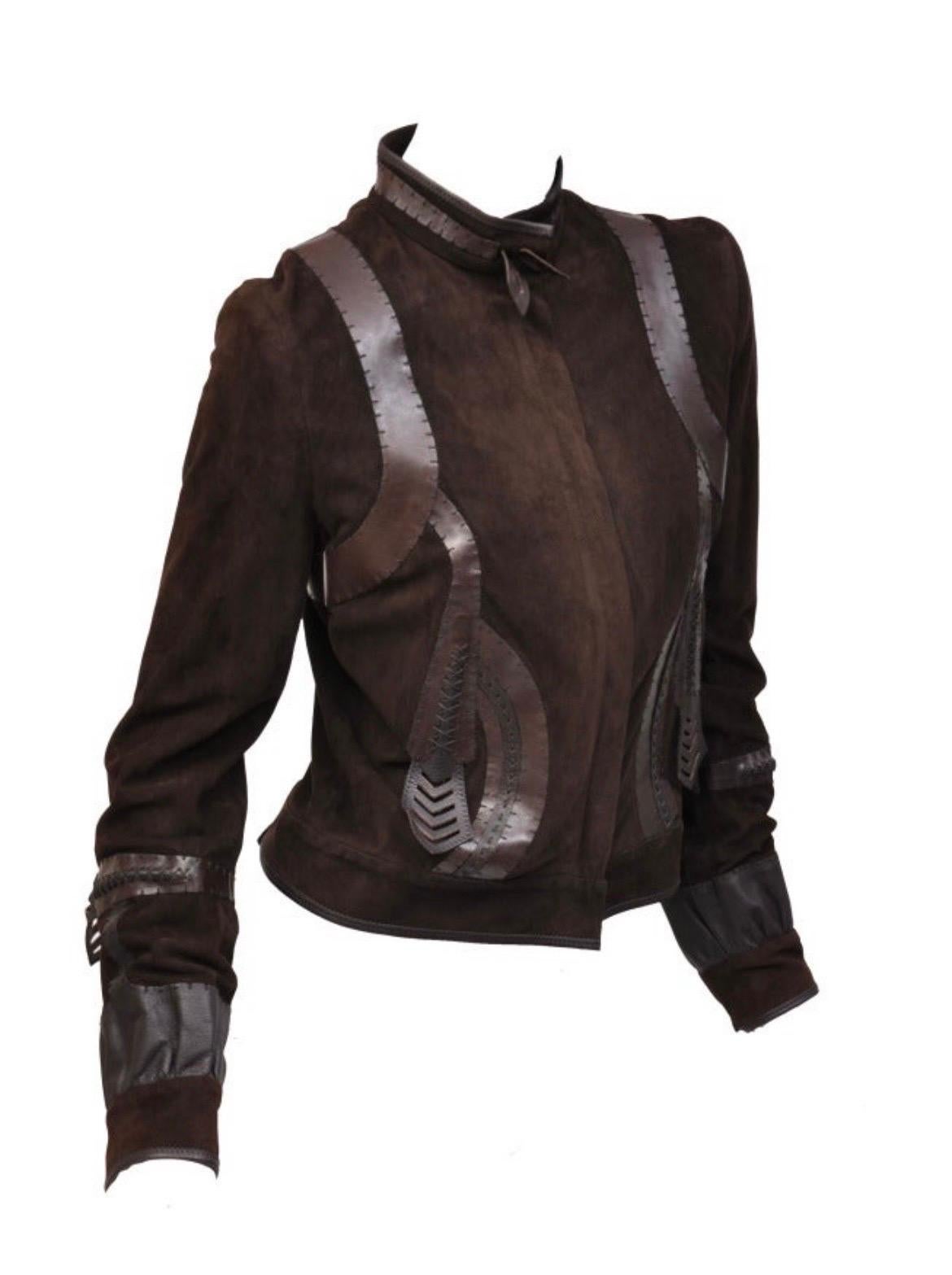 Vintage Fendi 
Embellished Leather Jacket
Chocolate Brown suede
Red Chiffon Silk Lining
IT Size 40 - US 4
Made in Italy
Brand new, with tags
Pristine condition