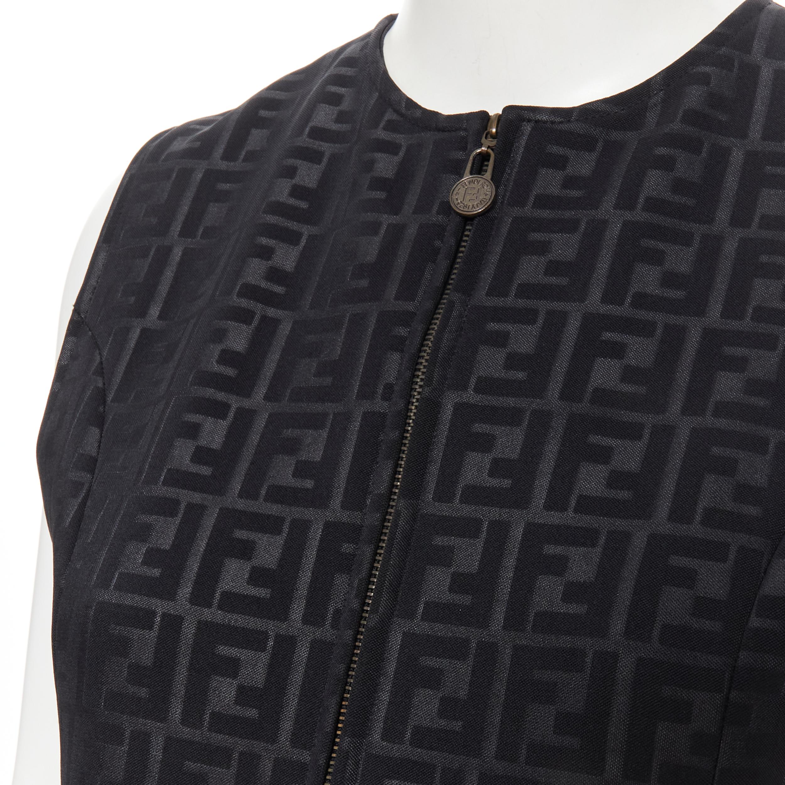 Black vintage FENDI FF Zucca monogram logo zip charm vest top S For Sale