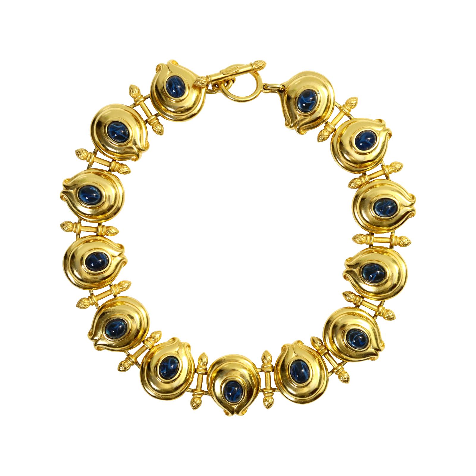 Vintage Fendi Gold Tone and Blue Cabochon Toggle Necklace Circa 1980 Unisexe en vente