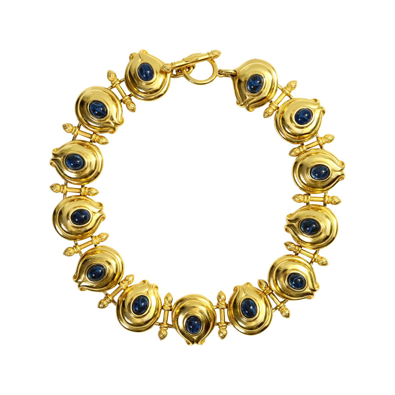 Vintage Fendi Goldfarbene und blaue Cabochon-Halskette mit Knopfleiste, ca. 1980er Jahre für Damen oder Herren im Angebot