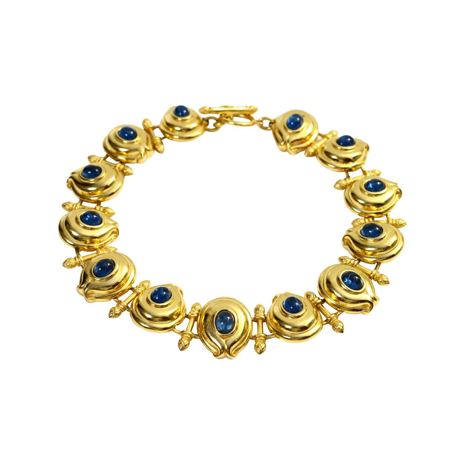 Modern Vintage Fendi Gold Tone and Blue Cabochon Toggle Necklace Circa 1980s For Sale