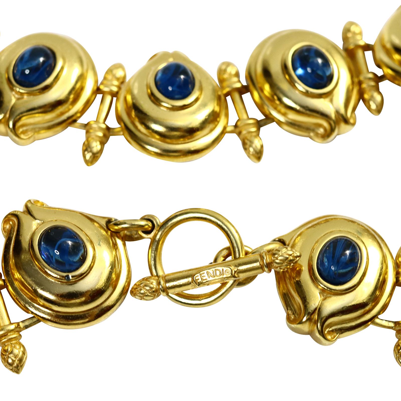 Vintage Fendi Gold Tone and Blue Cabochon Toggle Necklace Circa 1980s In Good Condition For Sale In New York, NY
