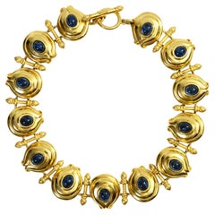 Vintage Fendi Gold Tone and Blue Cabochon Toggle Necklace Circa 1980