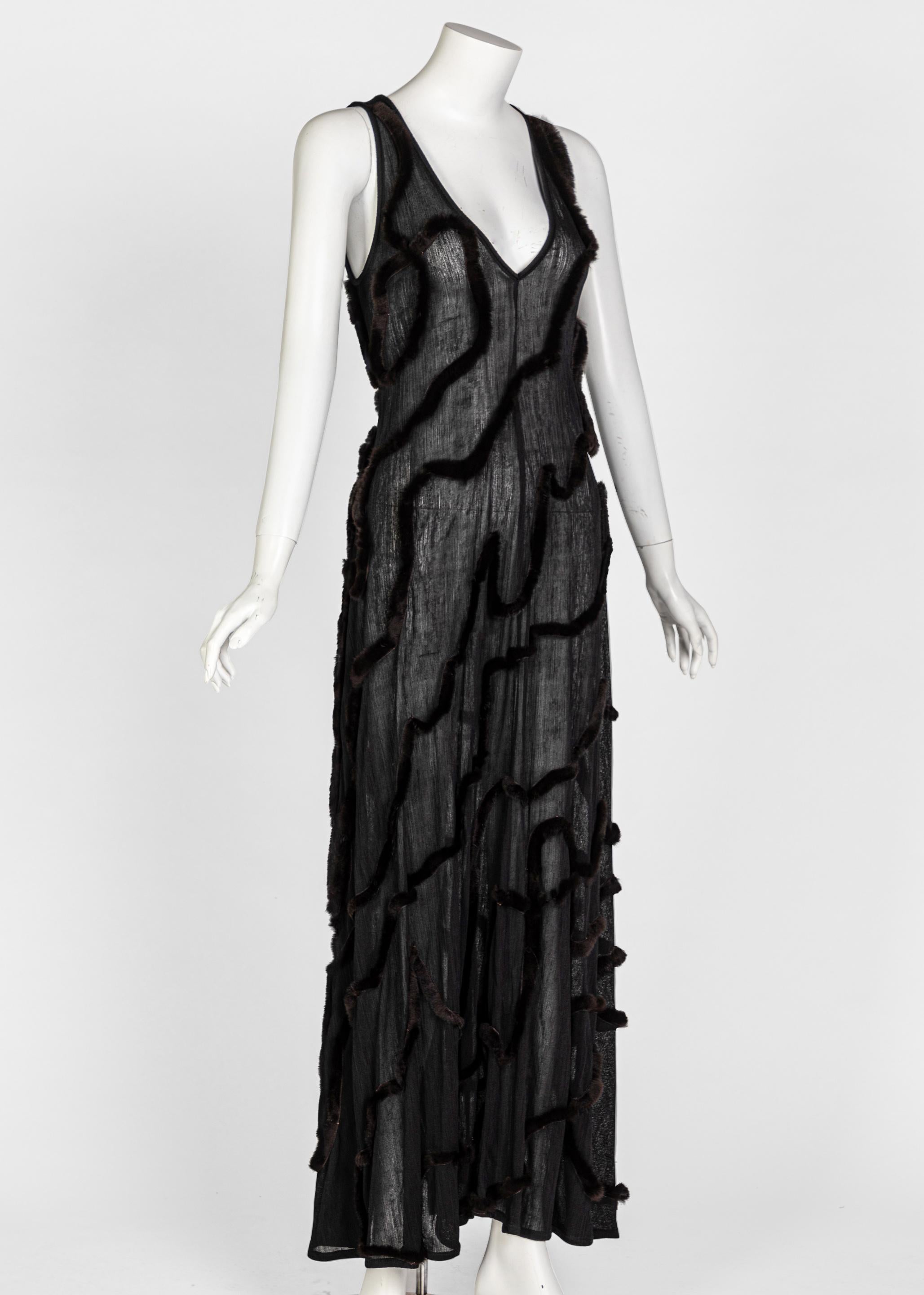 Vintage Fendi Karl Lagerfeld Semi Sheer Low Cut Fur Maxi Dress, 2000 In Excellent Condition In Boca Raton, FL
