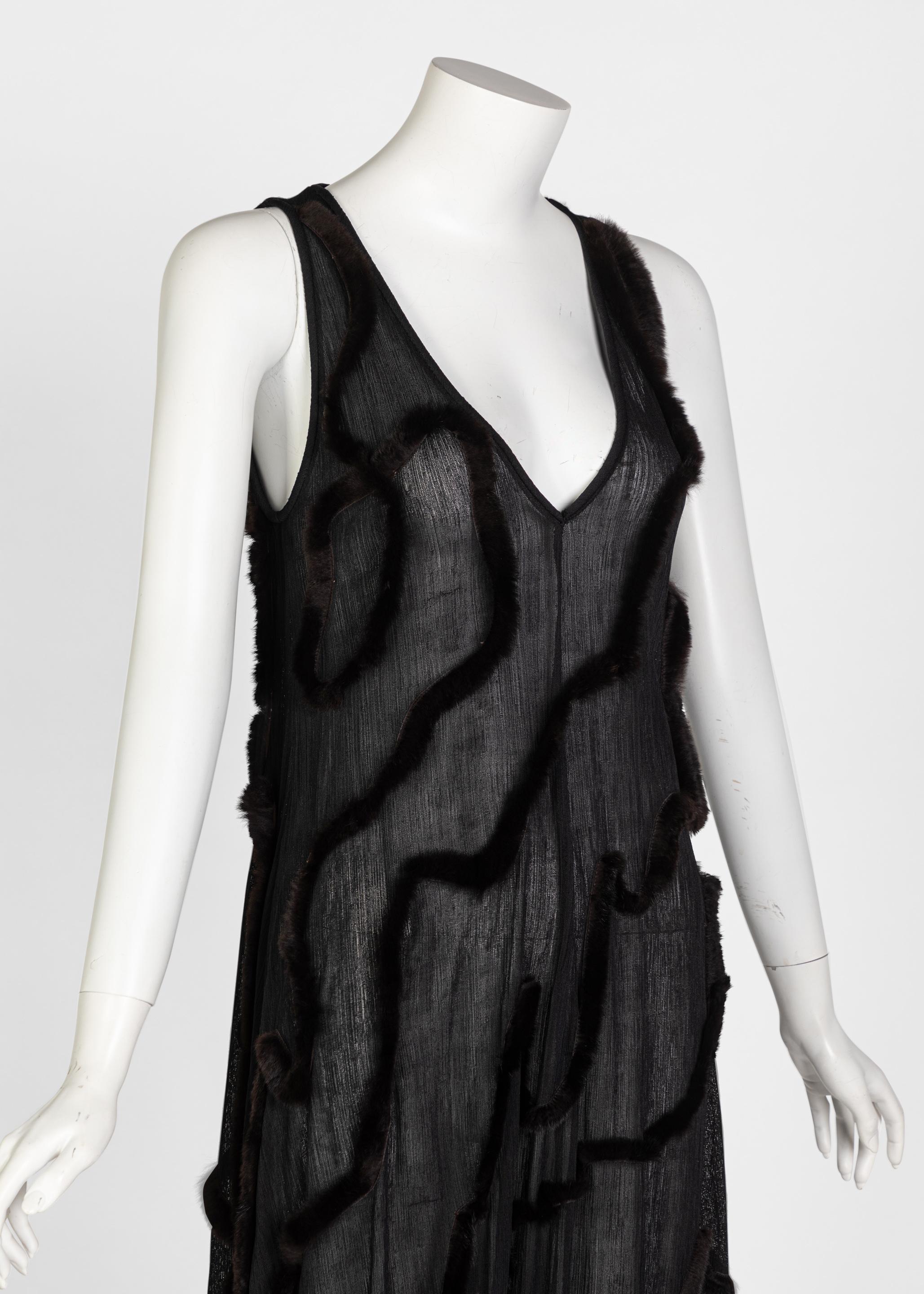 Vintage Fendi Karl Lagerfeld Semi Sheer Low Cut Fur Maxi Dress, 2000 2