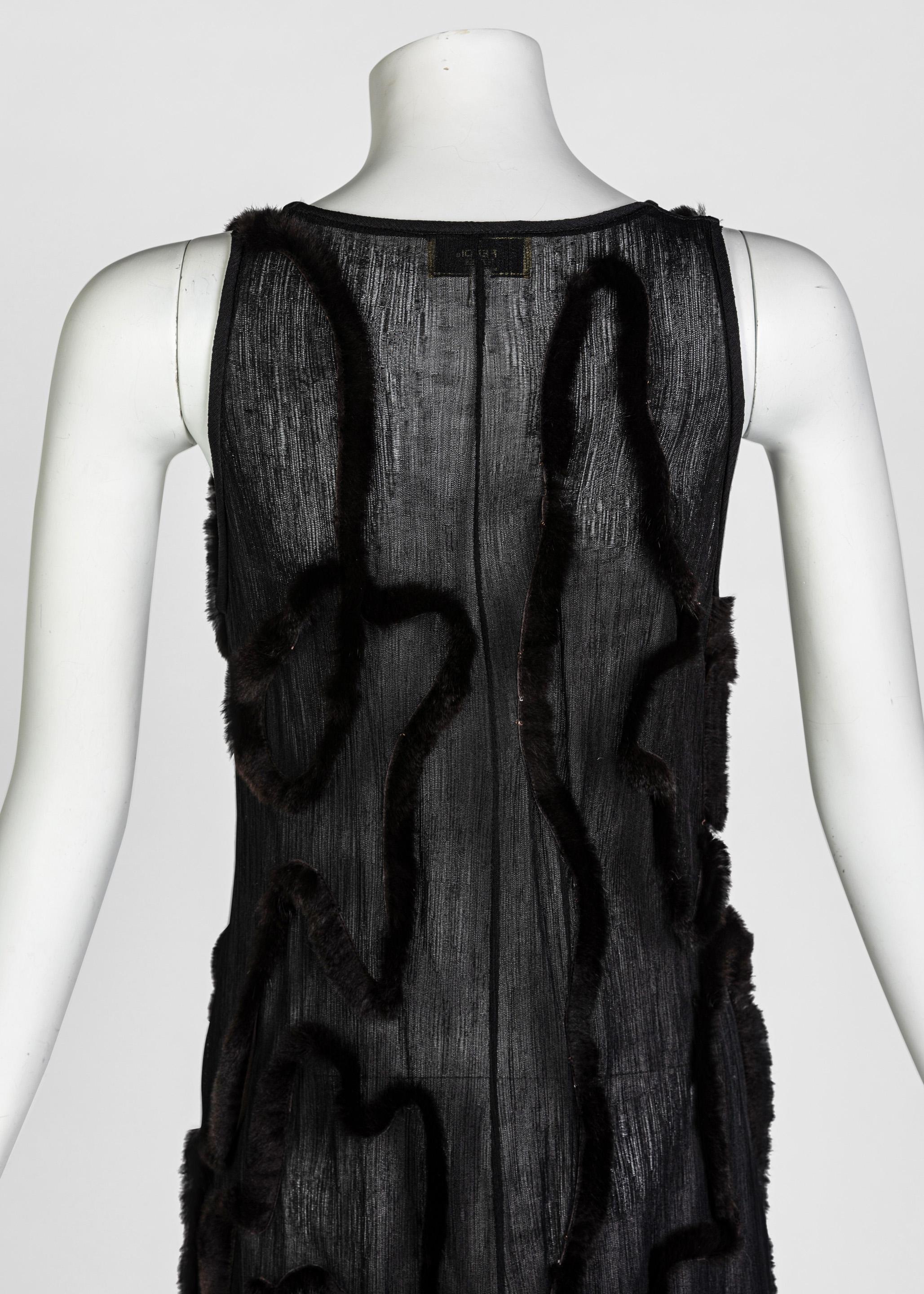 Vintage Fendi Karl Lagerfeld Semi Sheer Low Cut Fur Maxi Dress, 2000 3