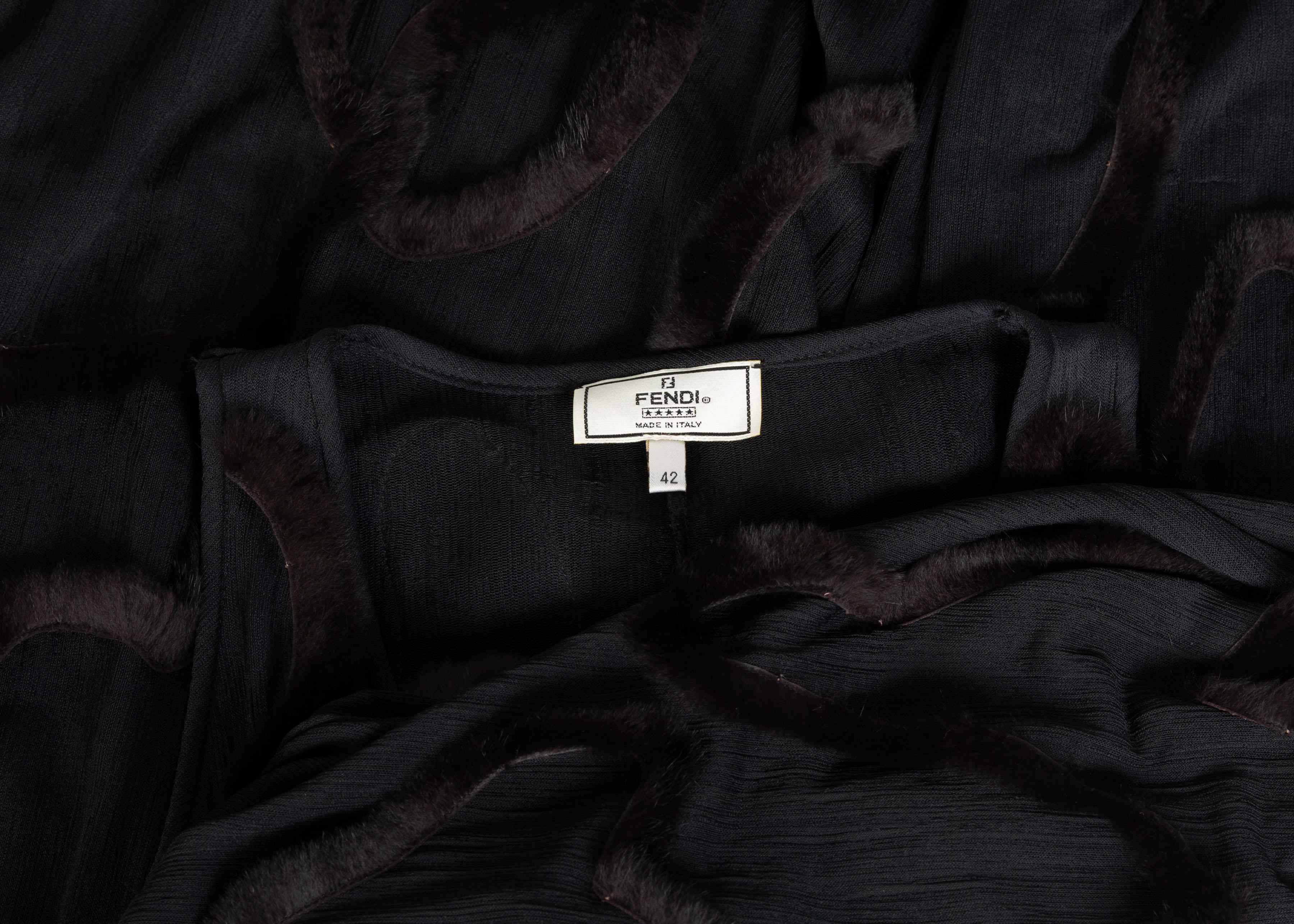 Vintage Fendi Karl Lagerfeld Semi Sheer Low Cut Fur Maxi Dress, 2000 4