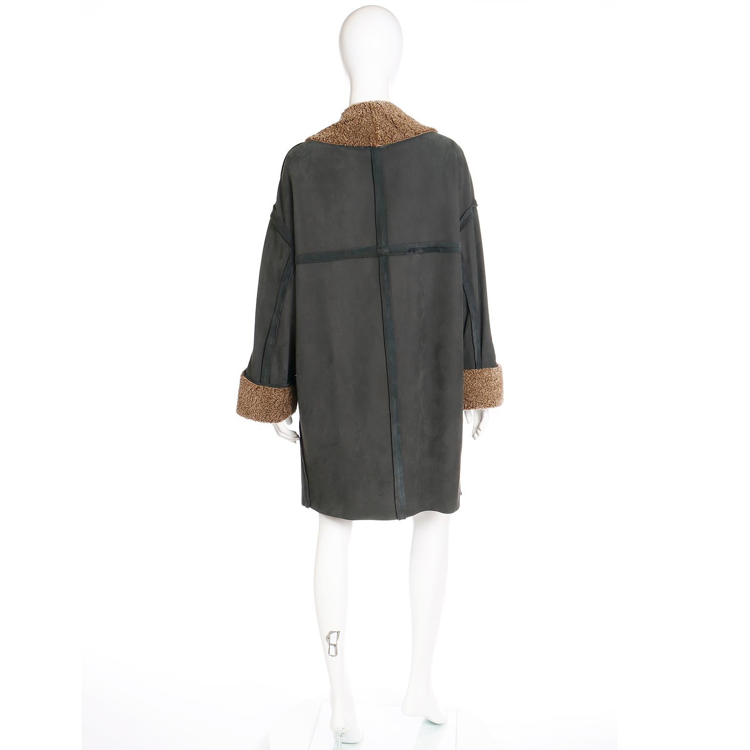 Women's Vintage Fendi Lightweight Gray Green Shearling Coat With Lambswool Trim For Sale