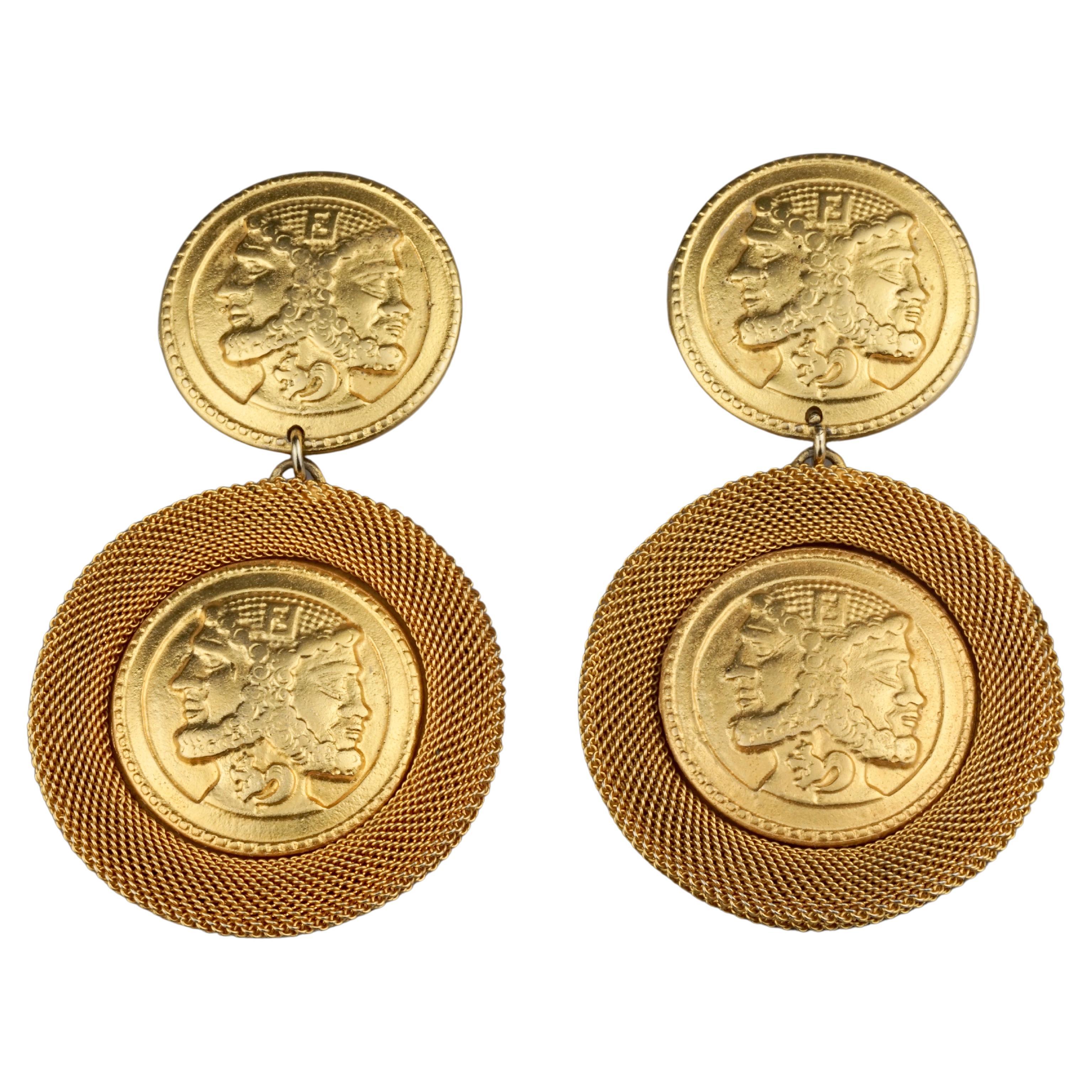 Vintage FENDI Logo Roman Profile Medallion Dangling Earrings For Sale