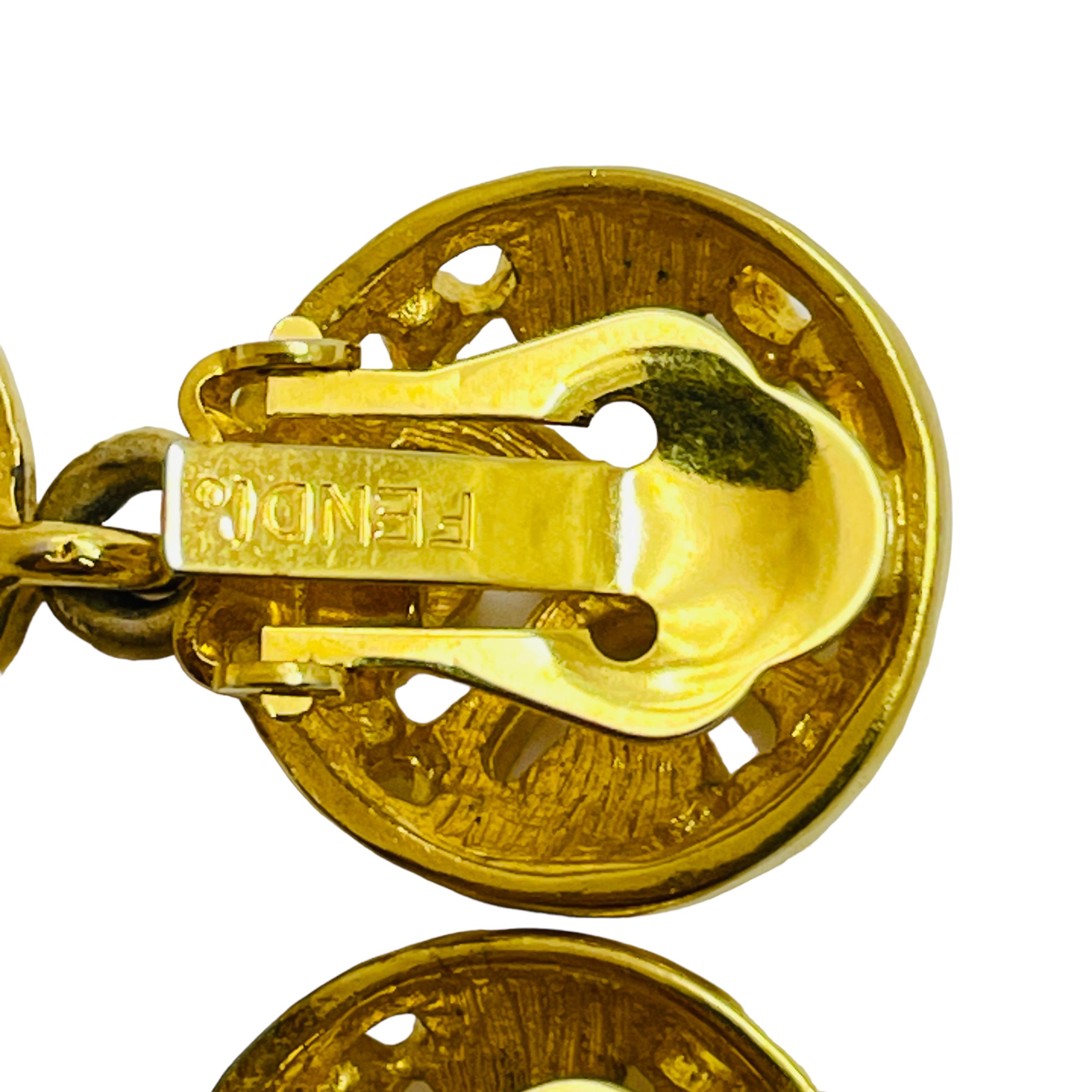 Vintage FENDI logo signed gold designer runway dangle clip on earrings In Good Condition In Palos Hills, IL