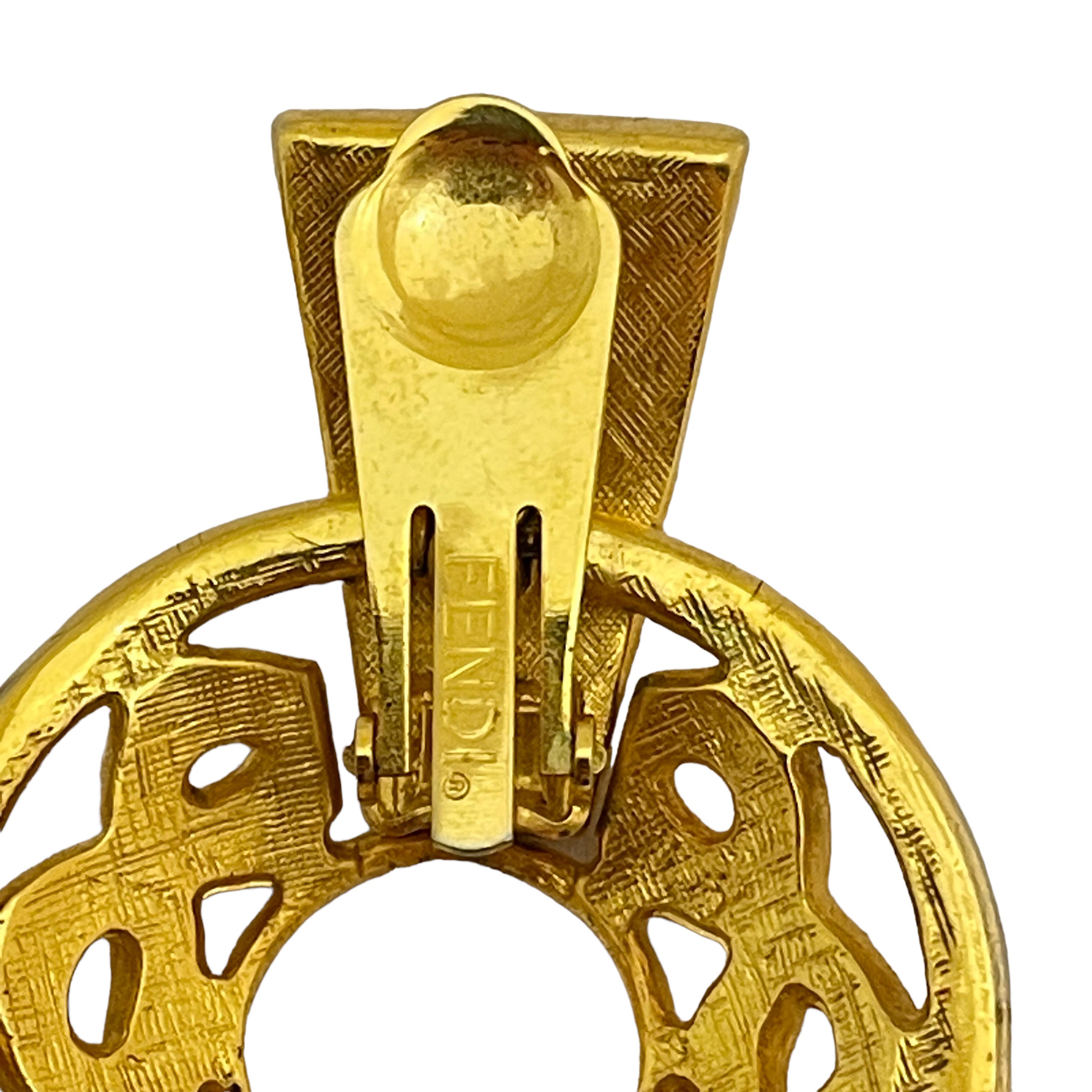 Women's or Men's Vintage FENDI logo signed gold designer runway door knocker earrings  For Sale