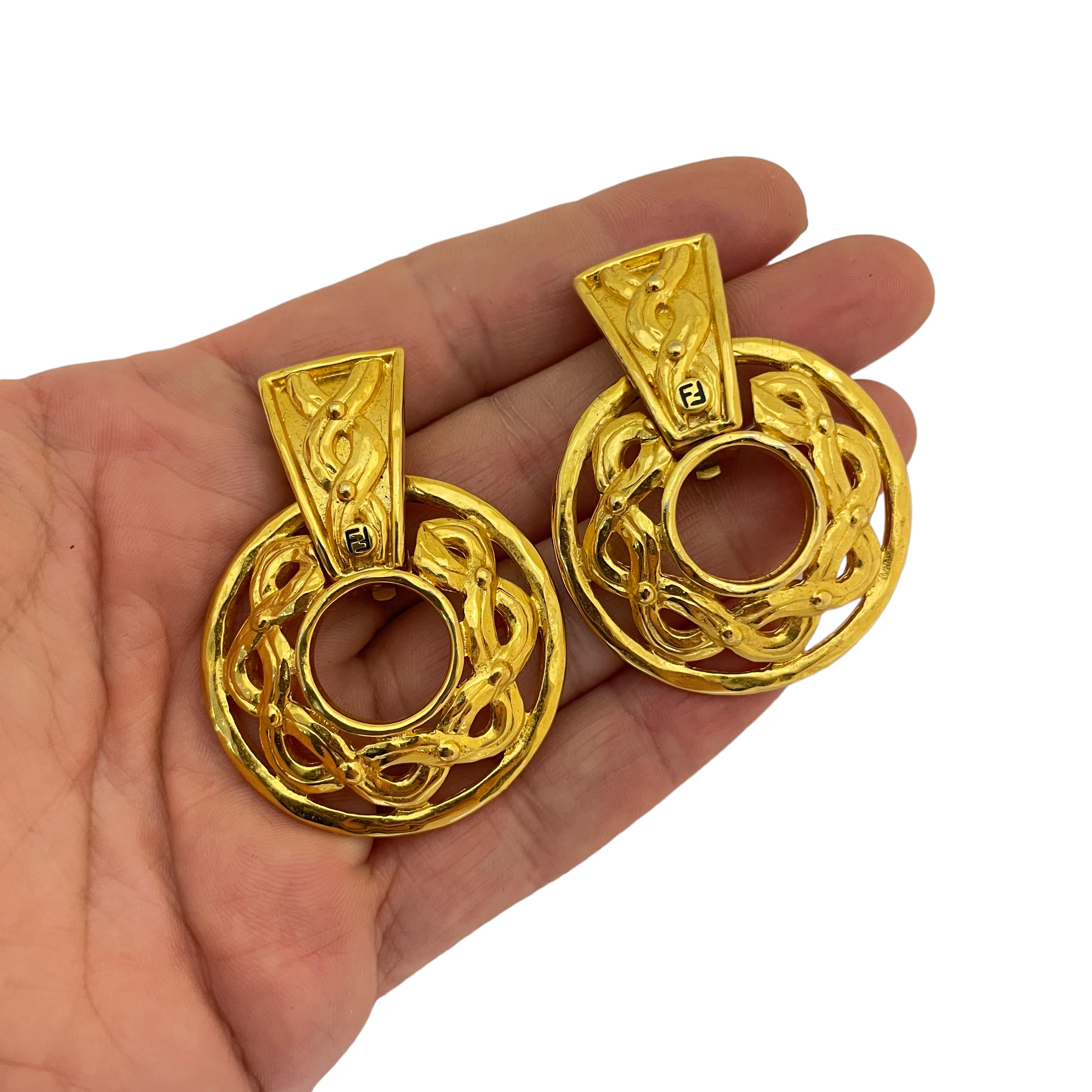Vintage FENDI logo signed gold designer runway door knocker earrings For Sale 1