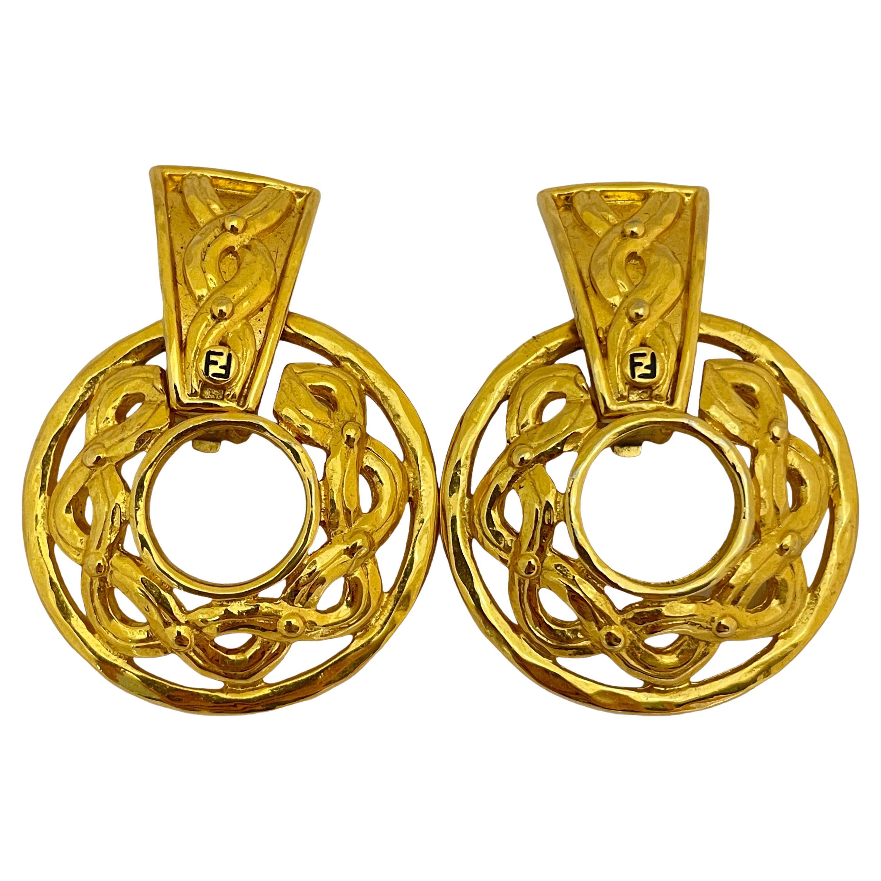 Vintage FENDI logo signed gold designer runway door knocker earrings  For Sale