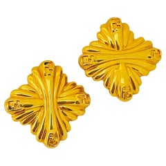 Vintage FENDI logo signed gold designer runway pierced earrings 