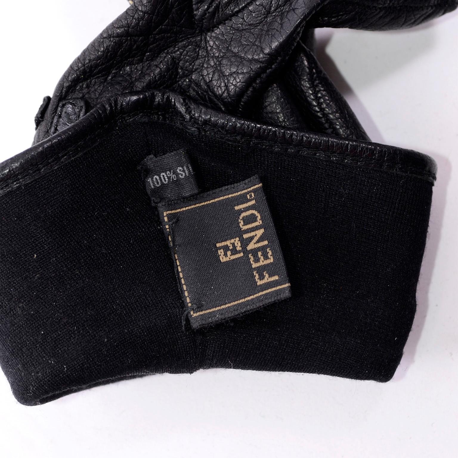 Vintage Fendi Monogram Black Leather Ladies Gauntlet Gloves 3